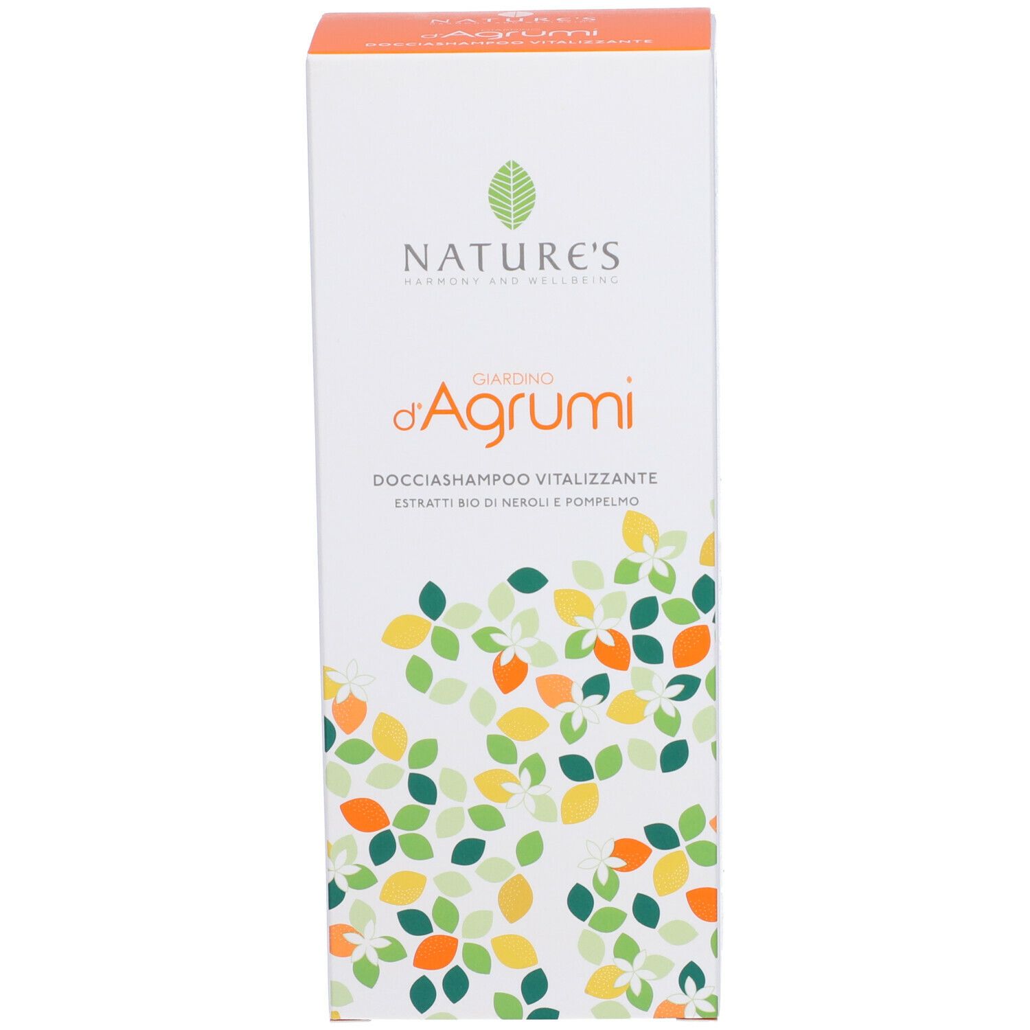 Confezione del prodotto. Testo: NATURE'S, Giardino d'Agrumi, Docciashampoo Vitalizzante. Con design floreale.