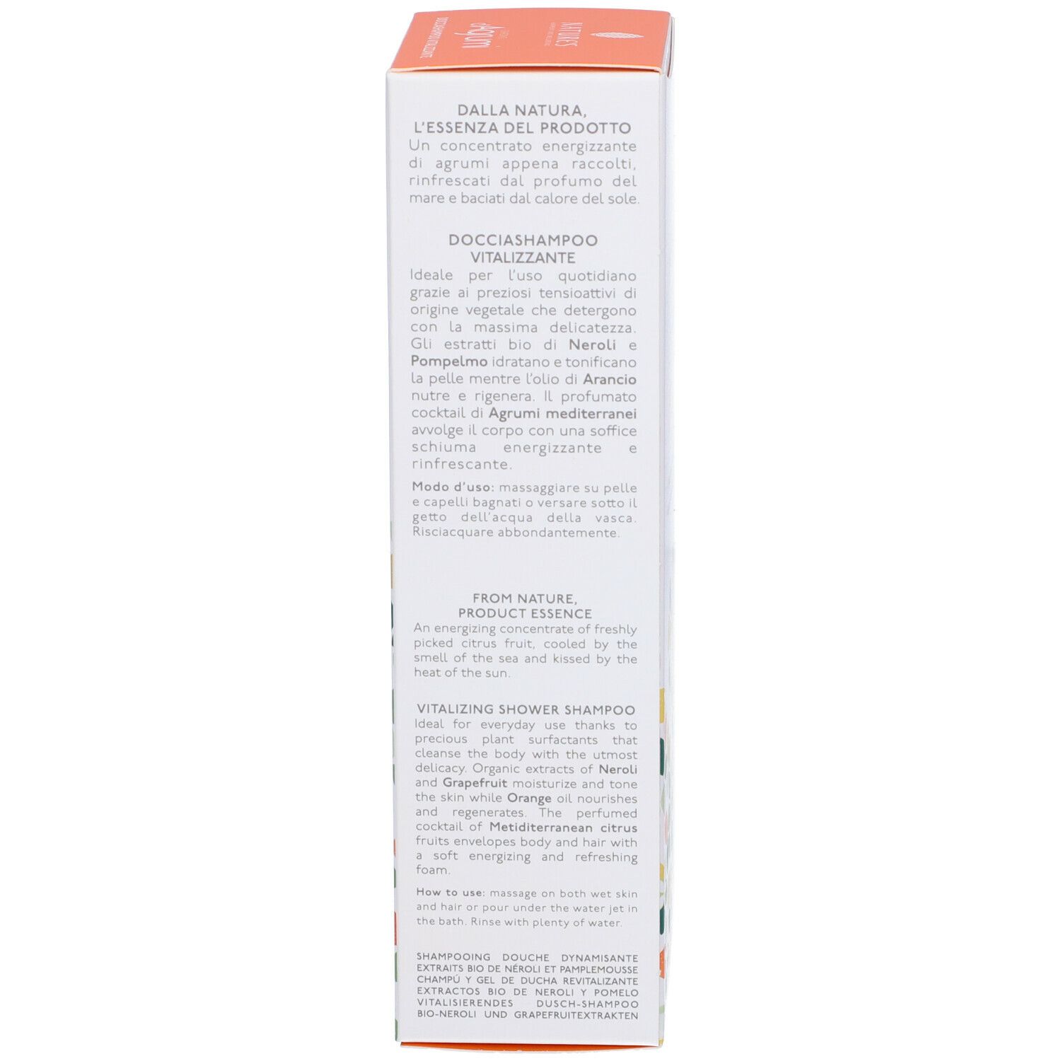 Confezione del prodotto. Testo: Ingredienti, utilizzo, NATURE'S, Giardino d'Agrumi, Docciashampoo Vitalizzante.