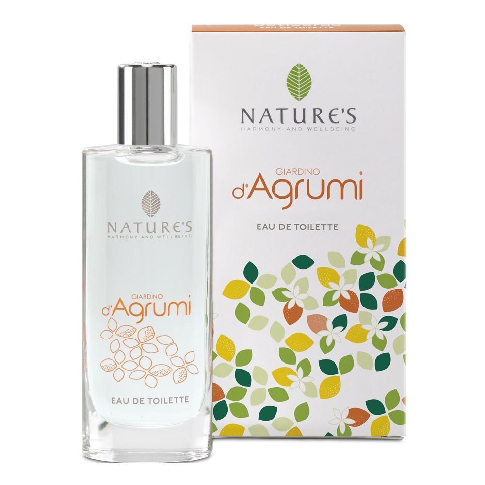 Flacone e scatola di Eau de Toilette. Scritta: Nature's Giardino d'Agrumi Eau de Toilette. Design floreale sulla scatola.