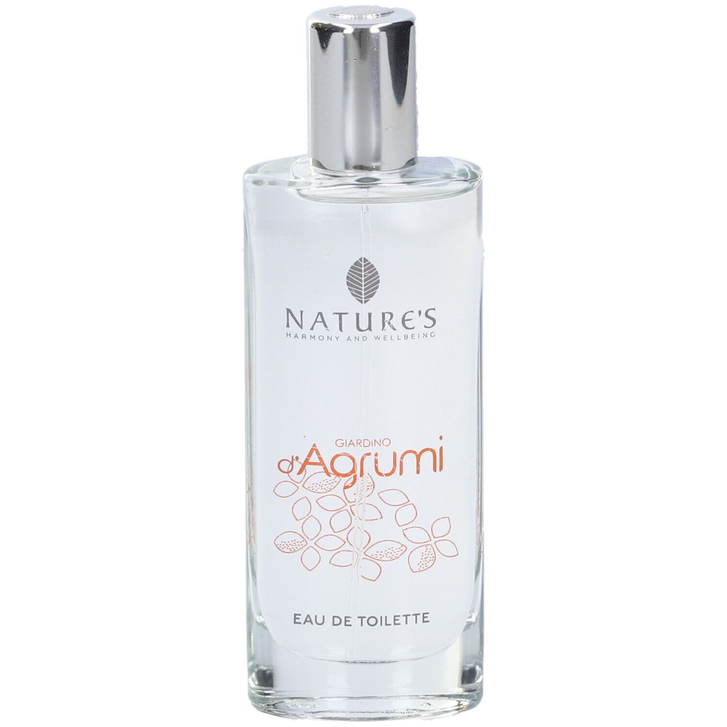 Flacone di Eau de Toilette. Scritta: Nature's Giardino d'Agrumi Eau de Toilette. Design floreale sul flacone.