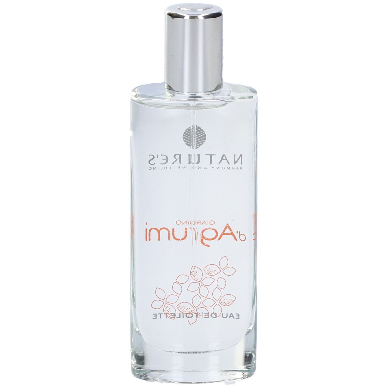 Flacone di Eau de Toilette. Scritta: Nature's Giardino d'Agrumi Eau de Toilette. Design floreale sul flacone.
