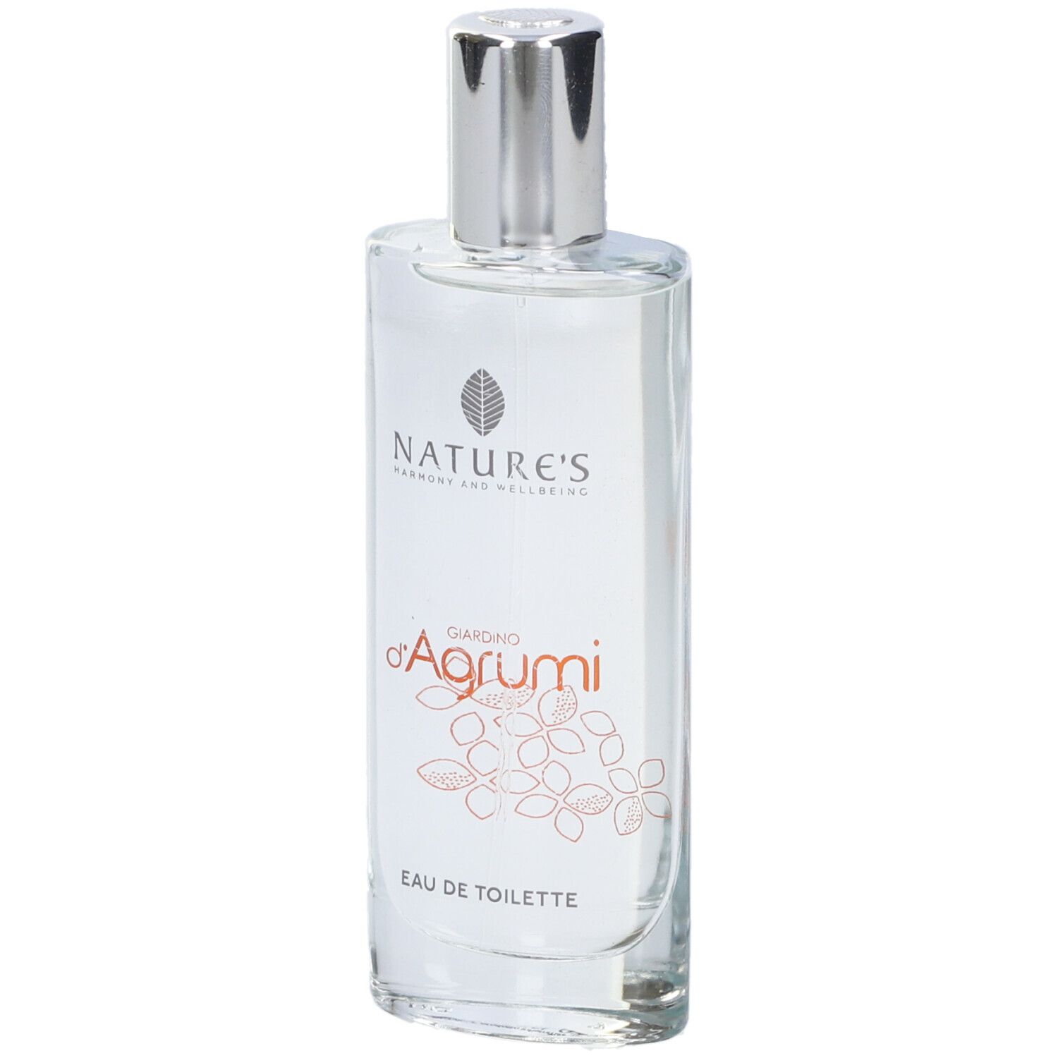 Flacone di Eau de Toilette. Scritta: Nature's Giardino d'Agrumi Eau de Toilette. Design floreale sul flacone.