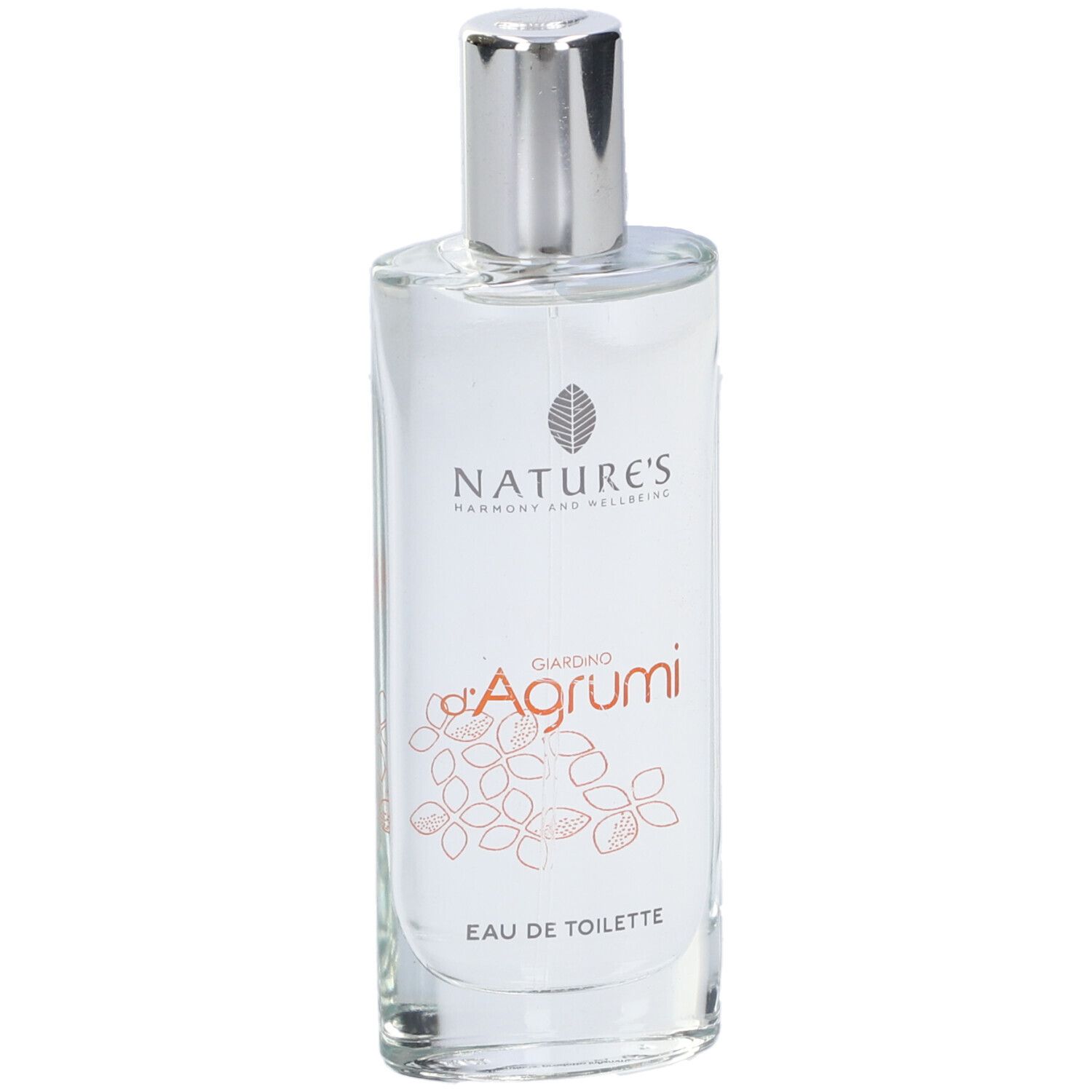Flacone di Eau de Toilette. Scritta: Nature's Giardino d'Agrumi Eau de Toilette. Design floreale sul flacone.