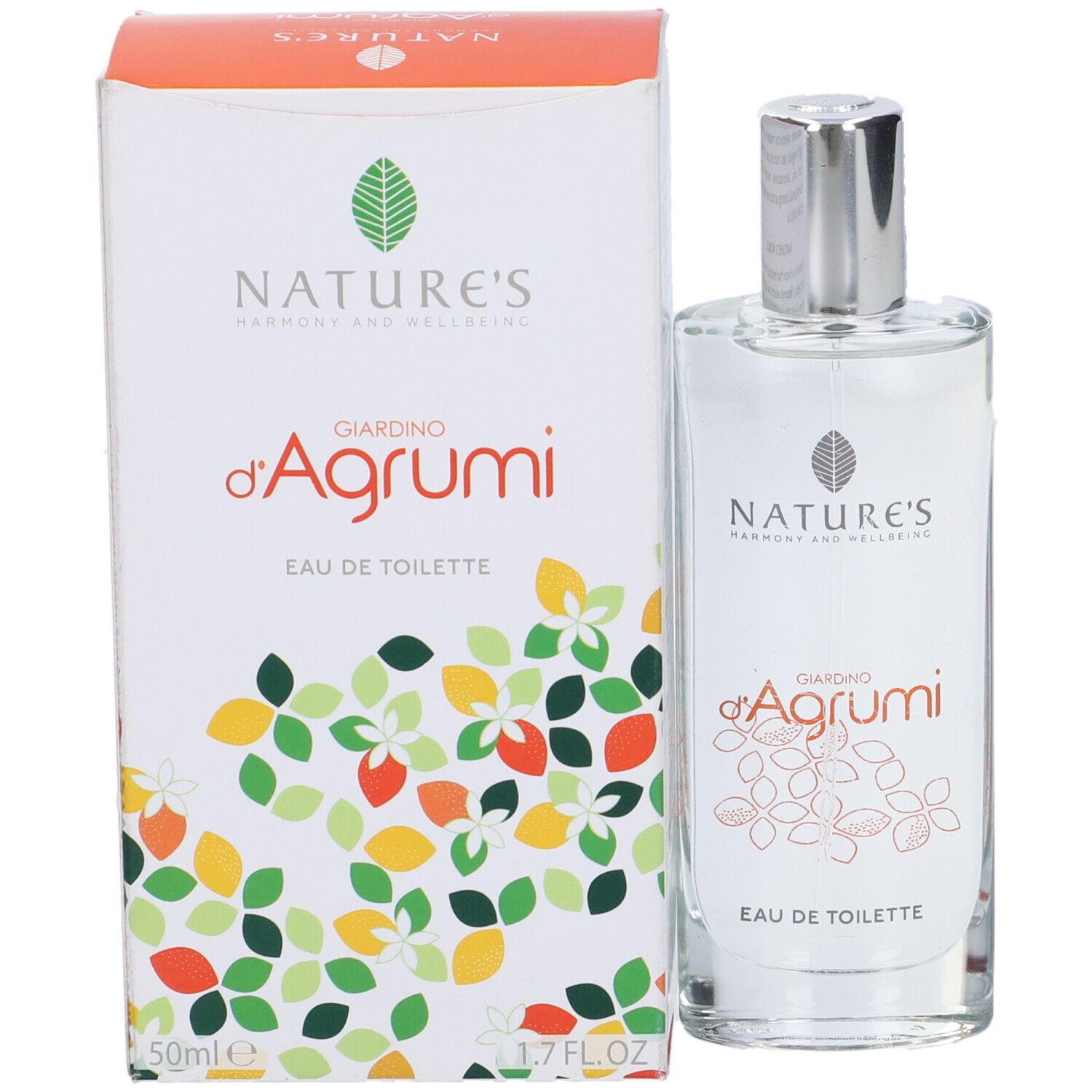 Flacone e scatola di Eau de Toilette. Scritta: Nature's Giardino d'Agrumi Eau de Toilette. Design floreale sulla scatola.