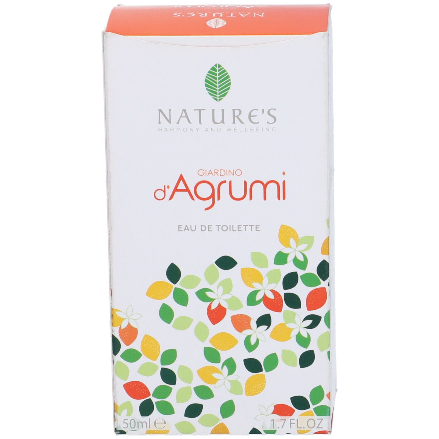 Scatola di Eau de Toilette. Scritta: Nature's Giardino d'Agrumi Eau de Toilette. Design floreale.