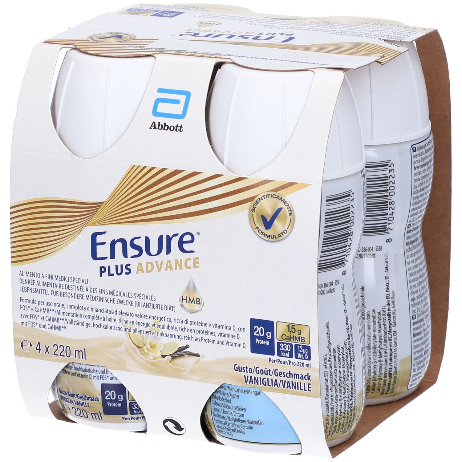 Confezione di quattro bottiglie Ensure Plus Advance. Scritte: Abbott, Ensure Plus Advance, Vaniglia. Informazioni nutrizionali e certificazione.