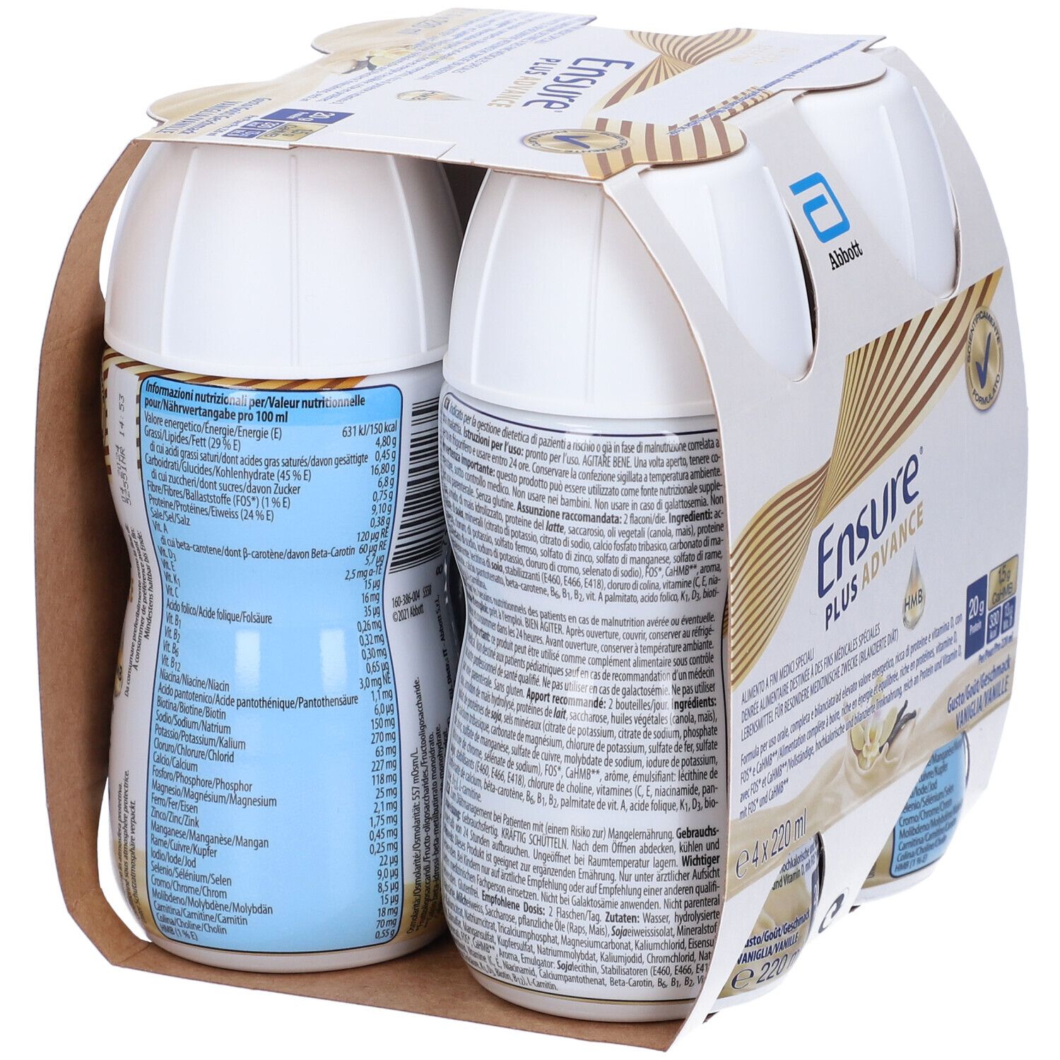 Retro della confezione di quattro bottiglie Ensure Plus Advance. Contiene informazioni nutrizionali e liste ingredienti in diverse lingue.