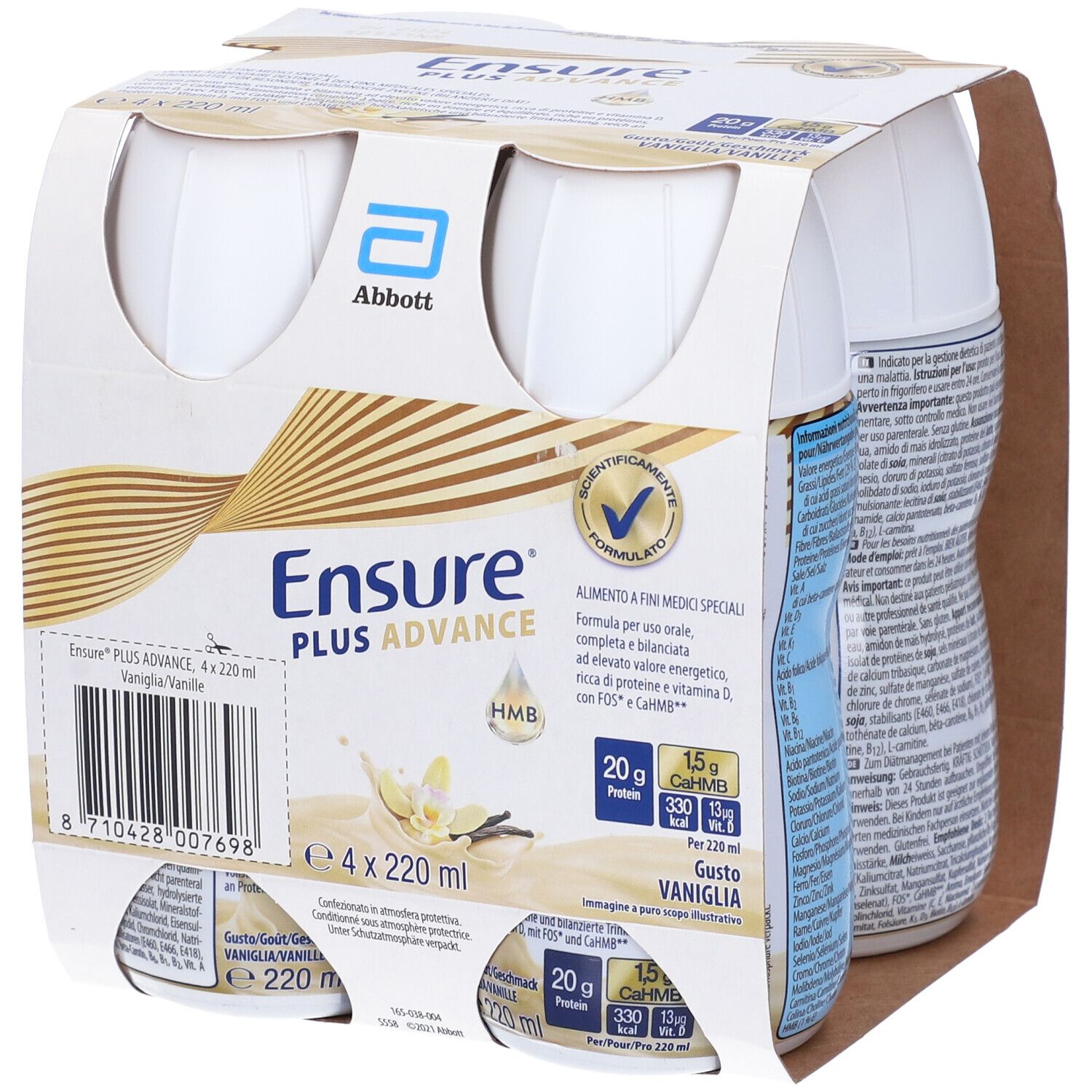 Confezione di quattro bottiglie Ensure Plus Advance. Scritte: Abbott, Ensure Plus Advance, Vaniglia. Informazioni nutrizionali e certificazione.