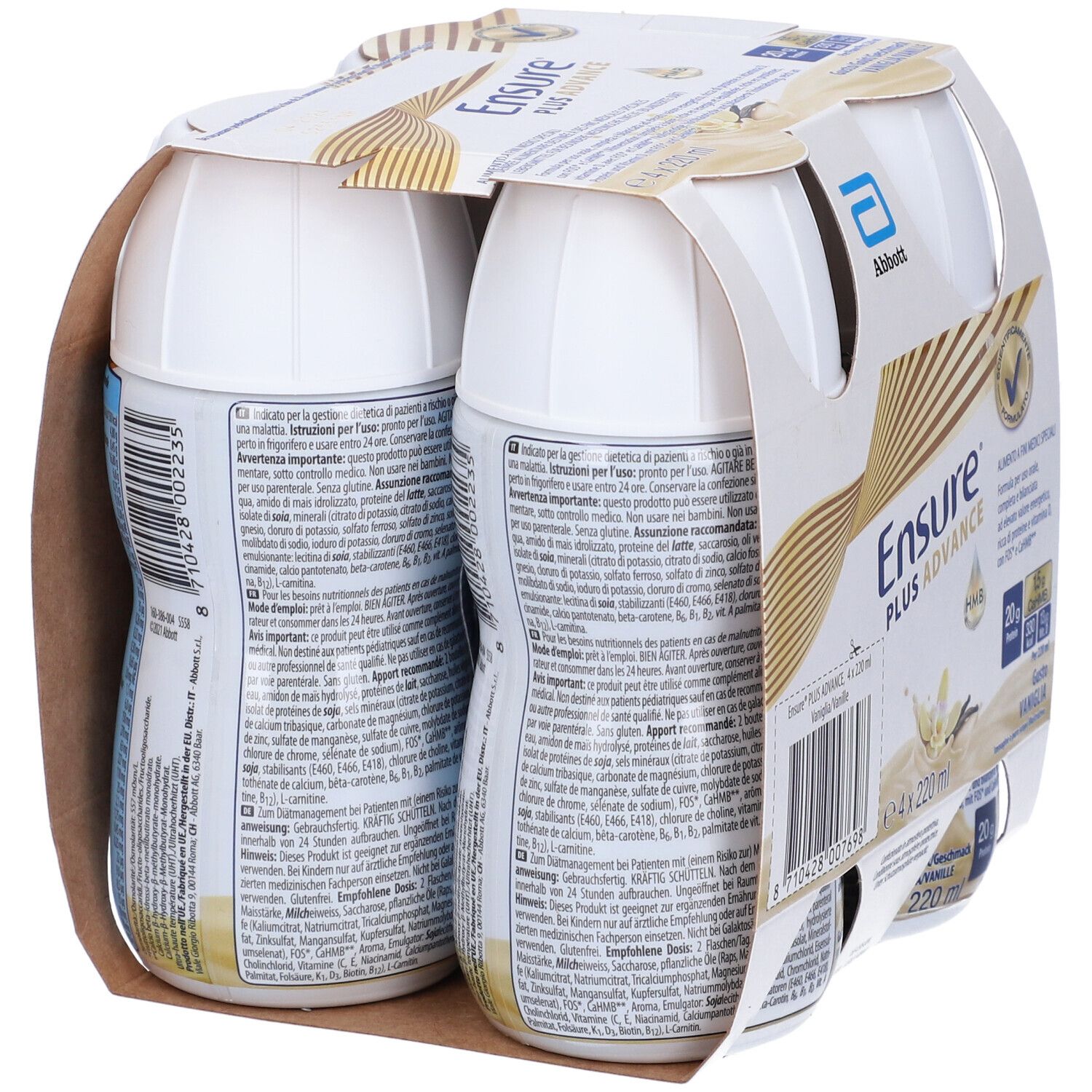 Retro della confezione di quattro bottiglie Ensure Plus Advance. Contiene informazioni nutrizionali e liste ingredienti in diverse lingue.