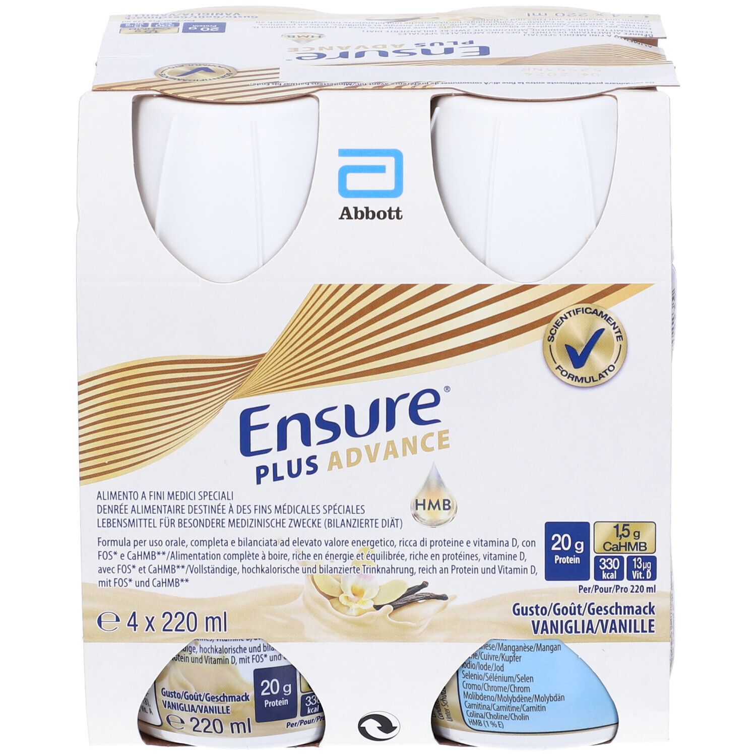 Confezione di quattro bottiglie Ensure Plus Advance. Scritte: Abbott, Ensure Plus Advance, Vaniglia. Informazioni nutrizionali e certificazione.