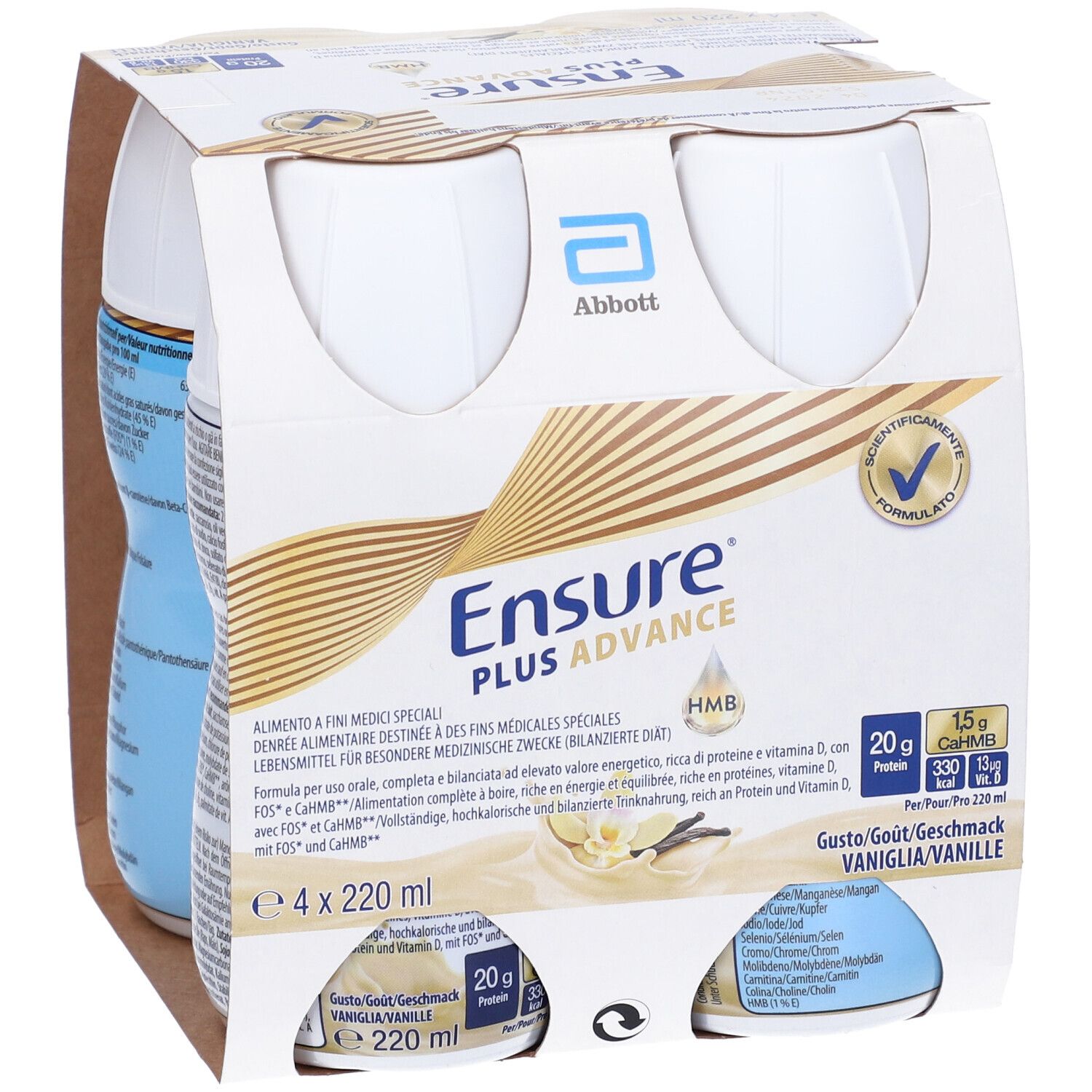 Confezione di quattro bottiglie Ensure Plus Advance. Scritte: Abbott, Ensure Plus Advance, Vaniglia. Informazioni nutrizionali e certificazione.