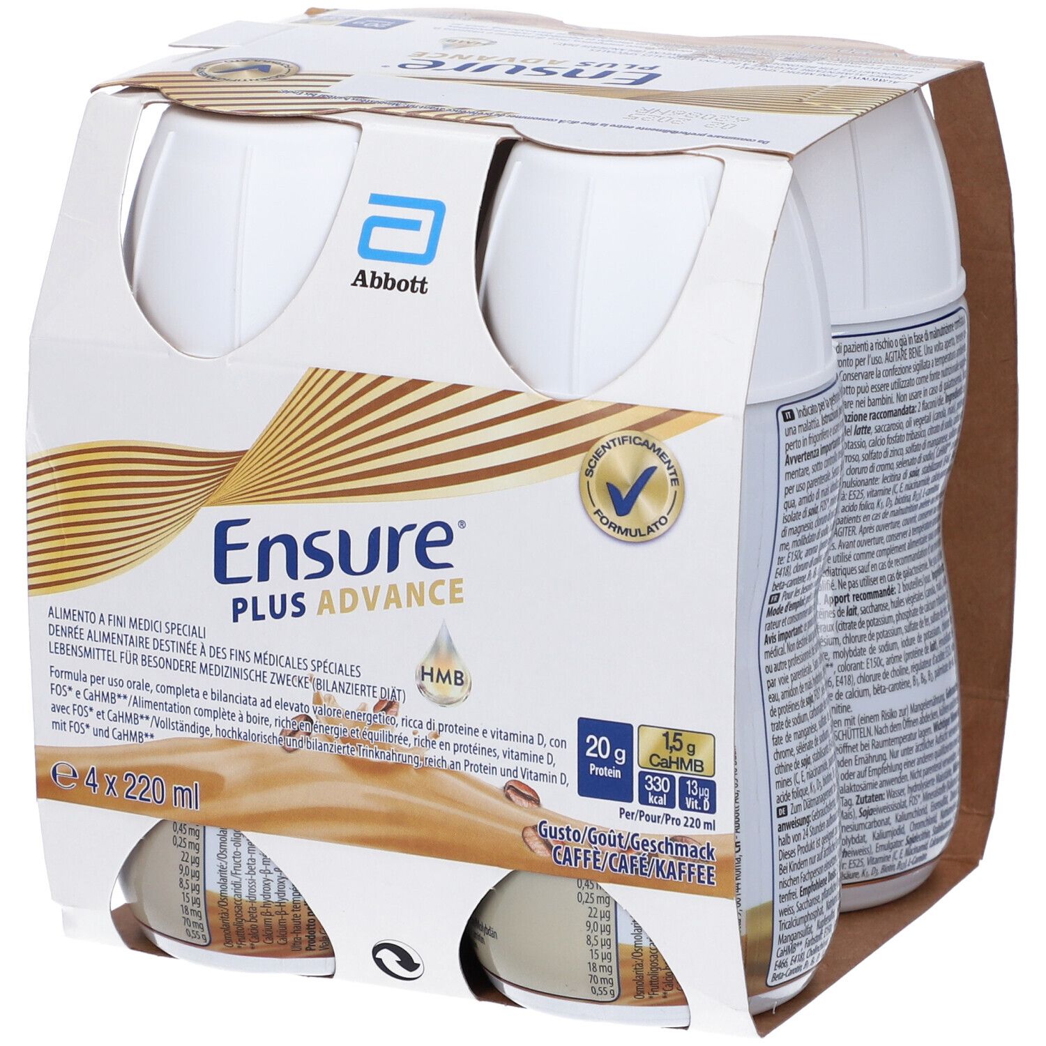 Confezione da quattro bottiglie Ensure Plus Advance. Scritte: Abbott, Ensure Plus Advance, gusto caffè.