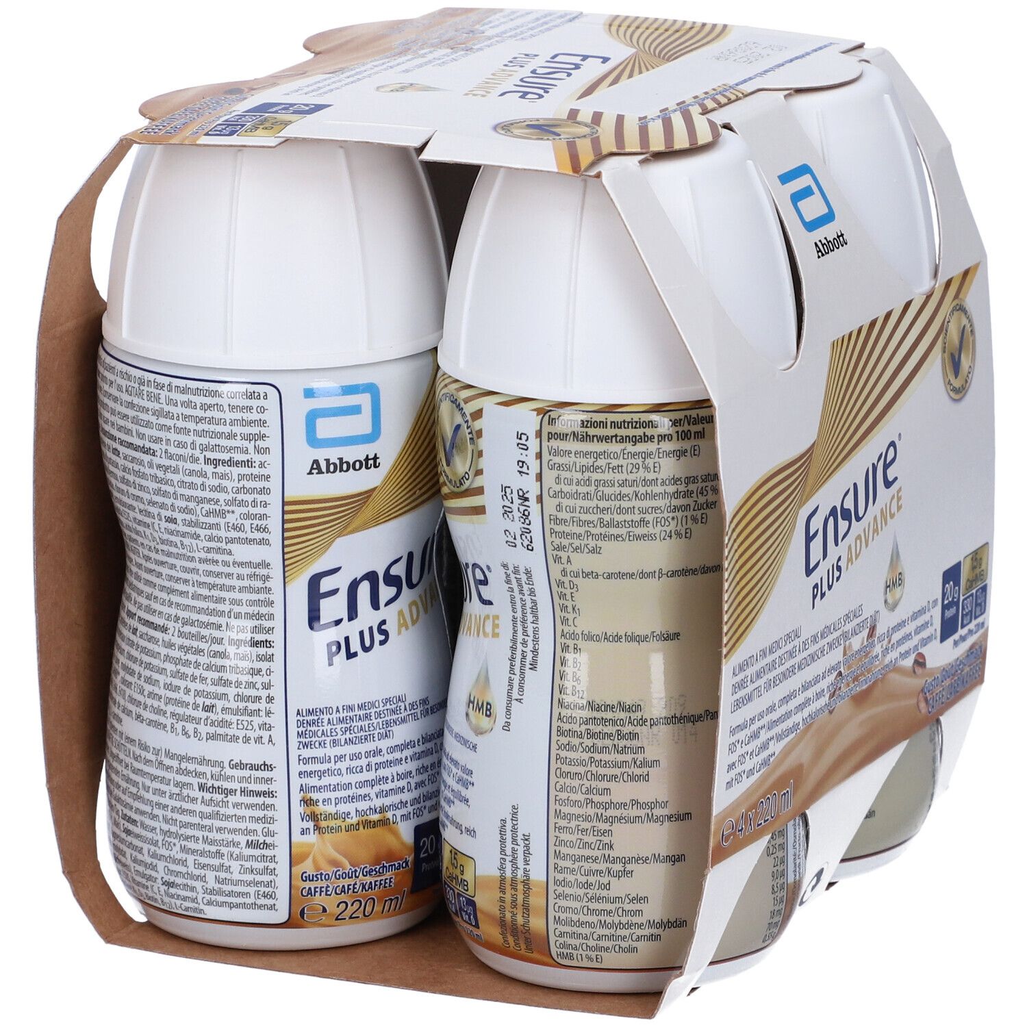 Confezione da quattro bottiglie Ensure Plus Advance. Scritte: Abbott, Ensure Plus Advance, gusto caffè.