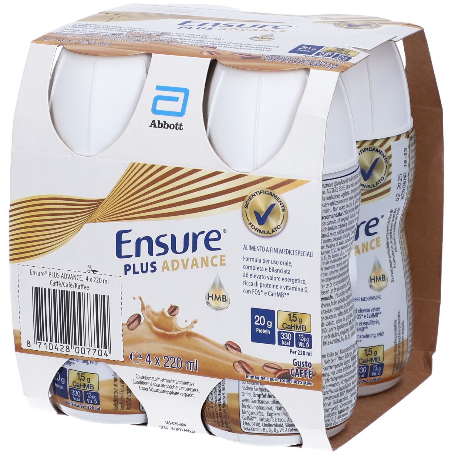 Confezione da quattro bottiglie Ensure Plus Advance. Scritte: Abbott, Ensure Plus Advance, gusto caffè.