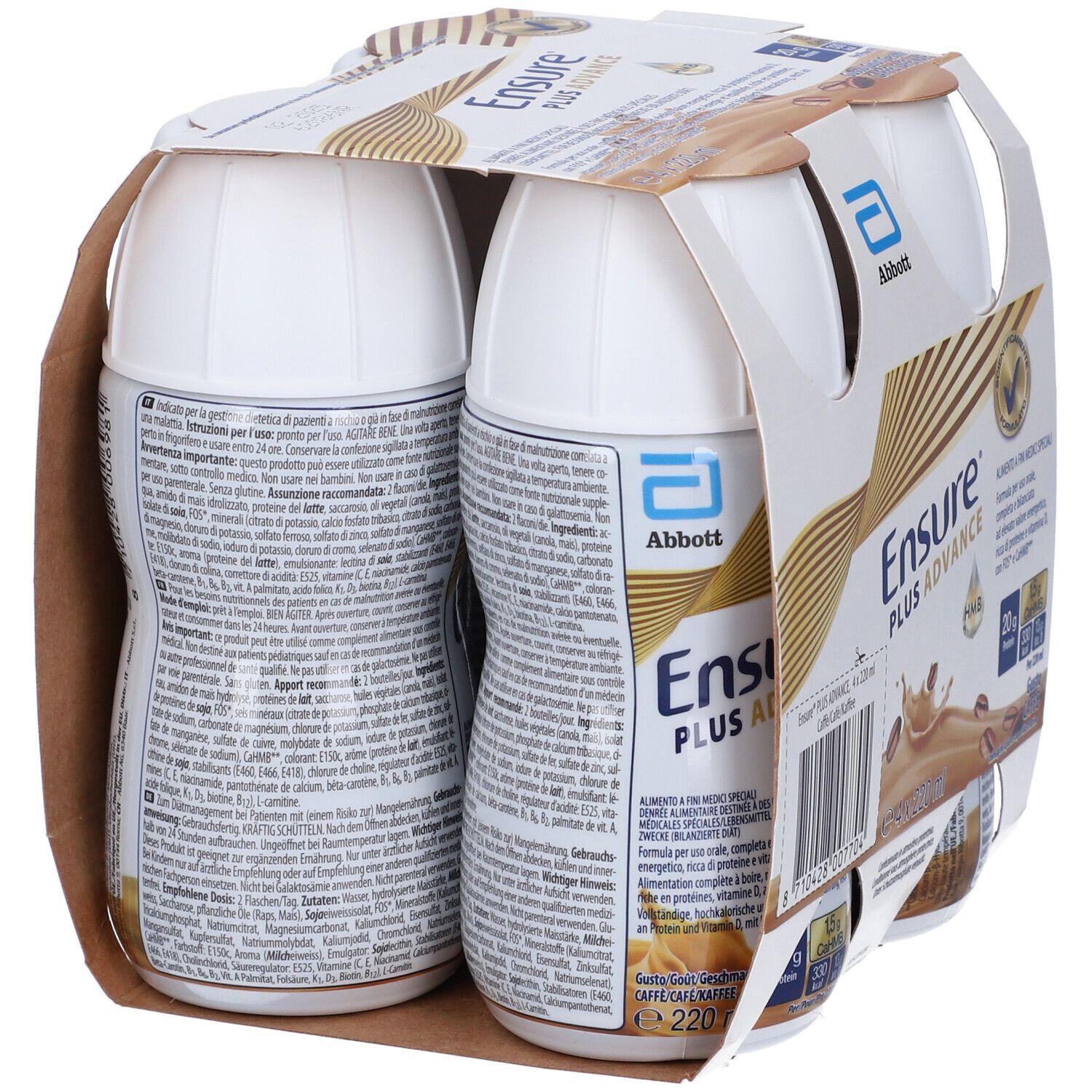 Confezione da quattro bottiglie Ensure Plus Advance. Scritte: Abbott, Ensure Plus Advance, gusto caffè.