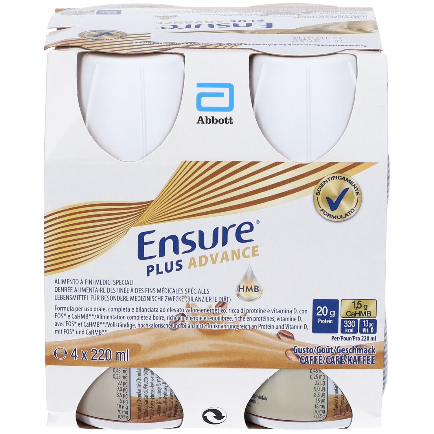 Confezione da quattro bottiglie Ensure Plus Advance. Scritte: Abbott, Ensure Plus Advance, gusto caffè.
