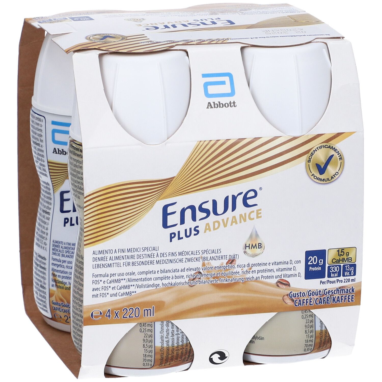 Confezione da quattro bottiglie Ensure Plus Advance. Scritte: Abbott, Ensure Plus Advance, gusto caffè.