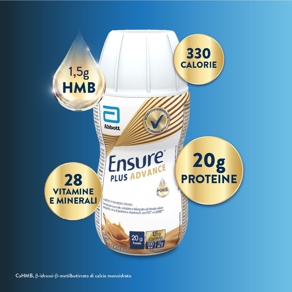 Bottiglia Ensure Plus Advance. Scritte: Abbott, Ensure Plus Advance, 20g proteine, 15g calorie, 28 vitamine e minerali.