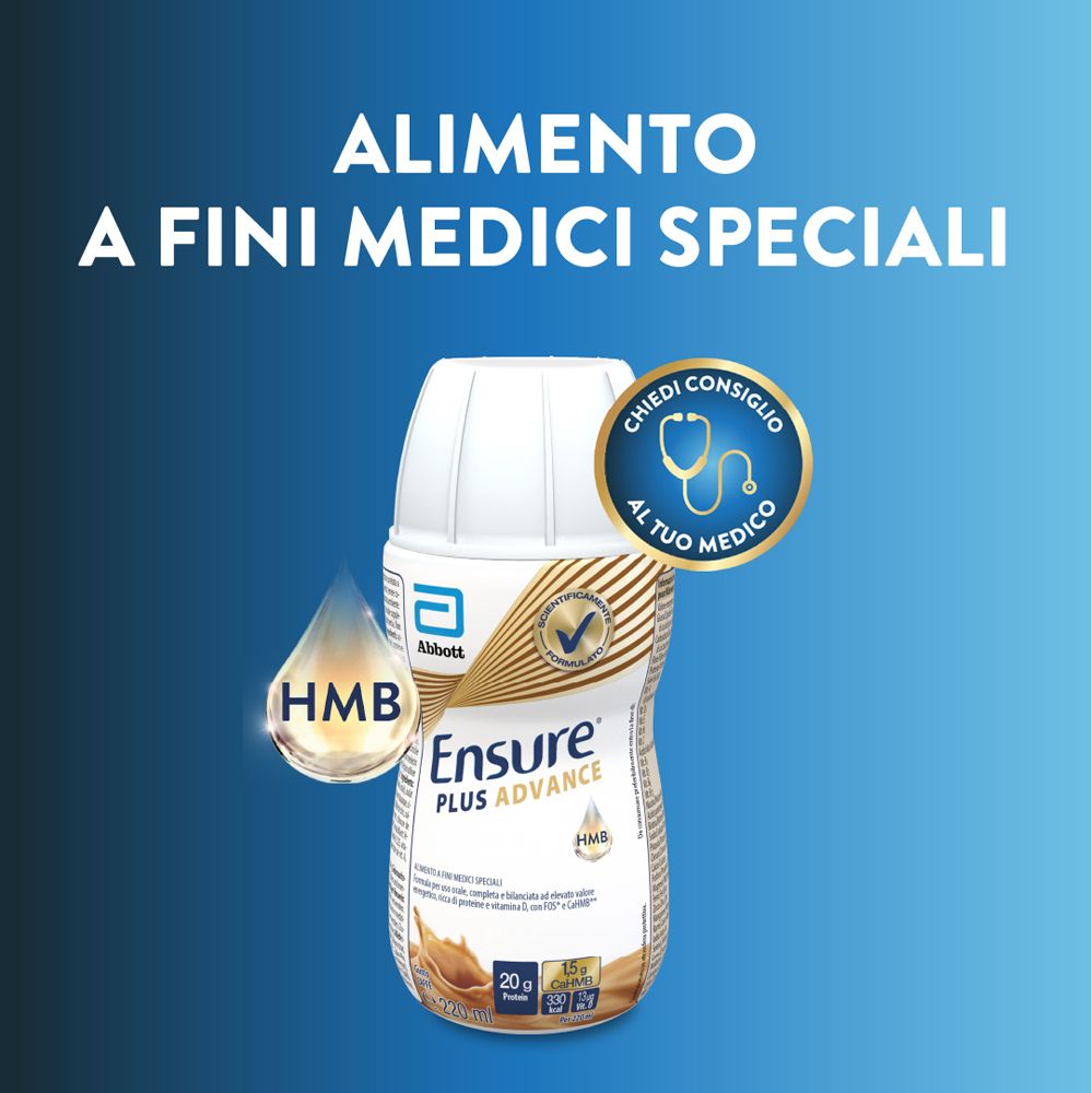 Bottiglia Ensure Plus Advance. Scritte: Abbott, Ensure Plus Advance, Alimento a fini medici speciali. Con HMB.