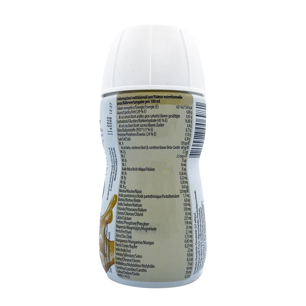 Bottiglia Ensure Plus Advance. Retro con informazioni nutrizionali. Scritta: Abbott.