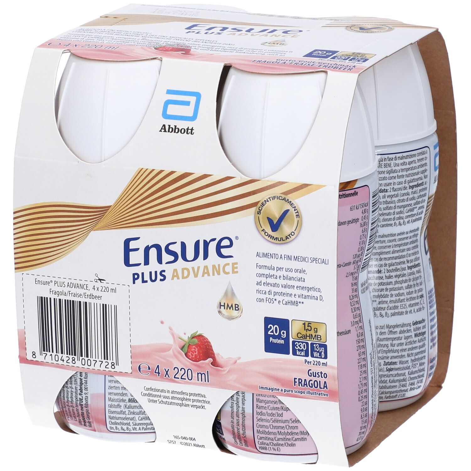 Confezione da quattro bottiglie Ensure Plus Advance Fragola. Logo Abbott, nome prodotto, fragola e informazioni nutrizionali visibili.