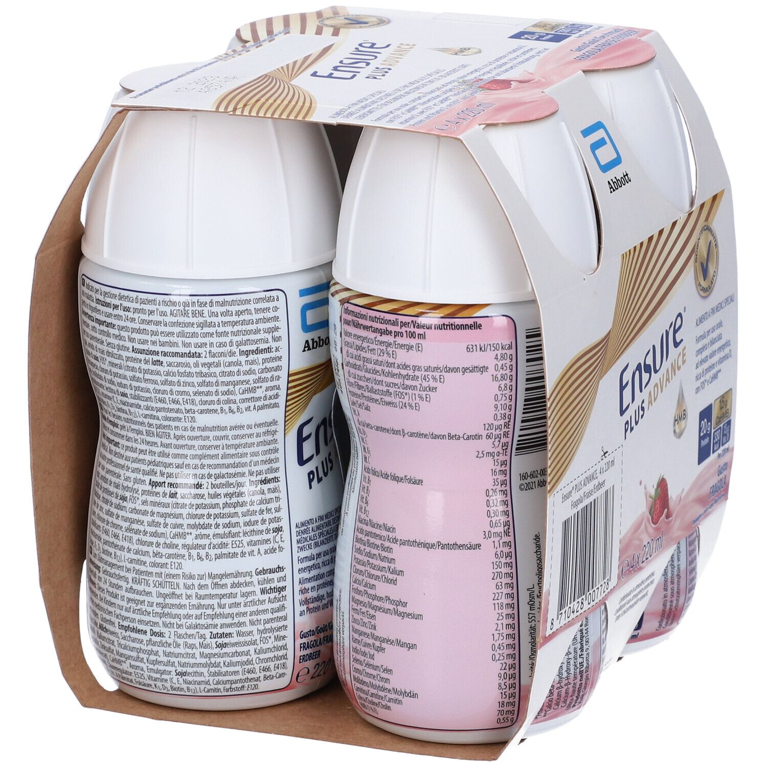 Retro confezione da quattro bottiglie Ensure Plus Advance. Informazioni nutrizionali e logo Abbott. Bottiglie in confezione di cartone.