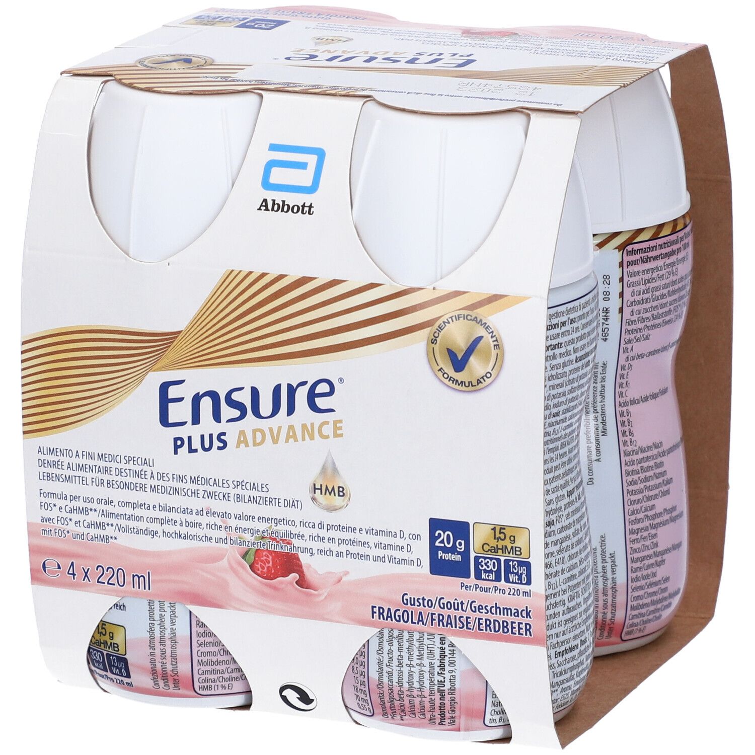 Confezione da quattro bottiglie Ensure Plus Advance Fragola. Logo Abbott, nome prodotto, fragola e informazioni nutrizionali visibili.