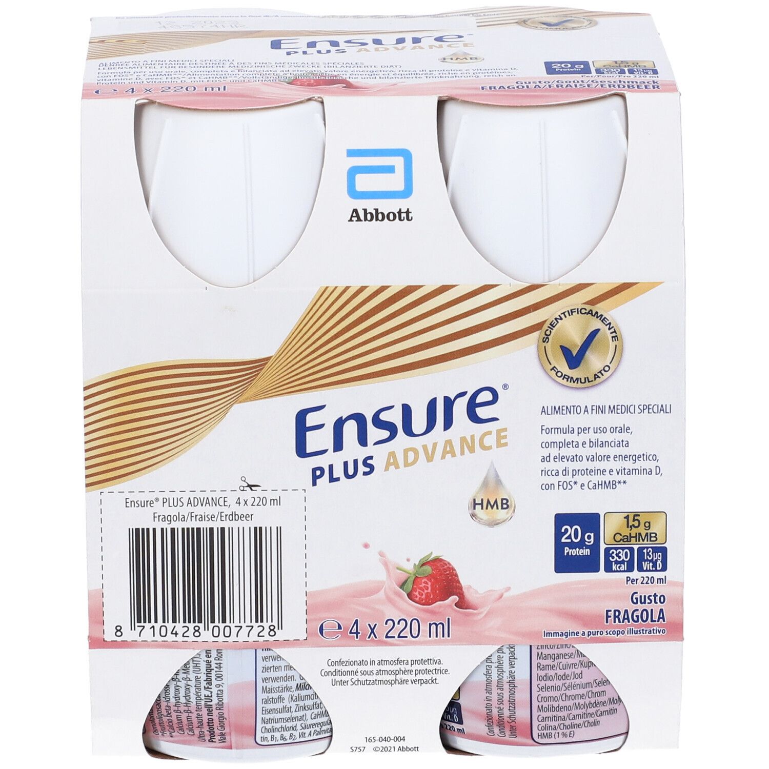 Confezione da quattro bottiglie Ensure Plus Advance Fragola. Logo Abbott, nome prodotto, fragola e informazioni nutrizionali visibili.