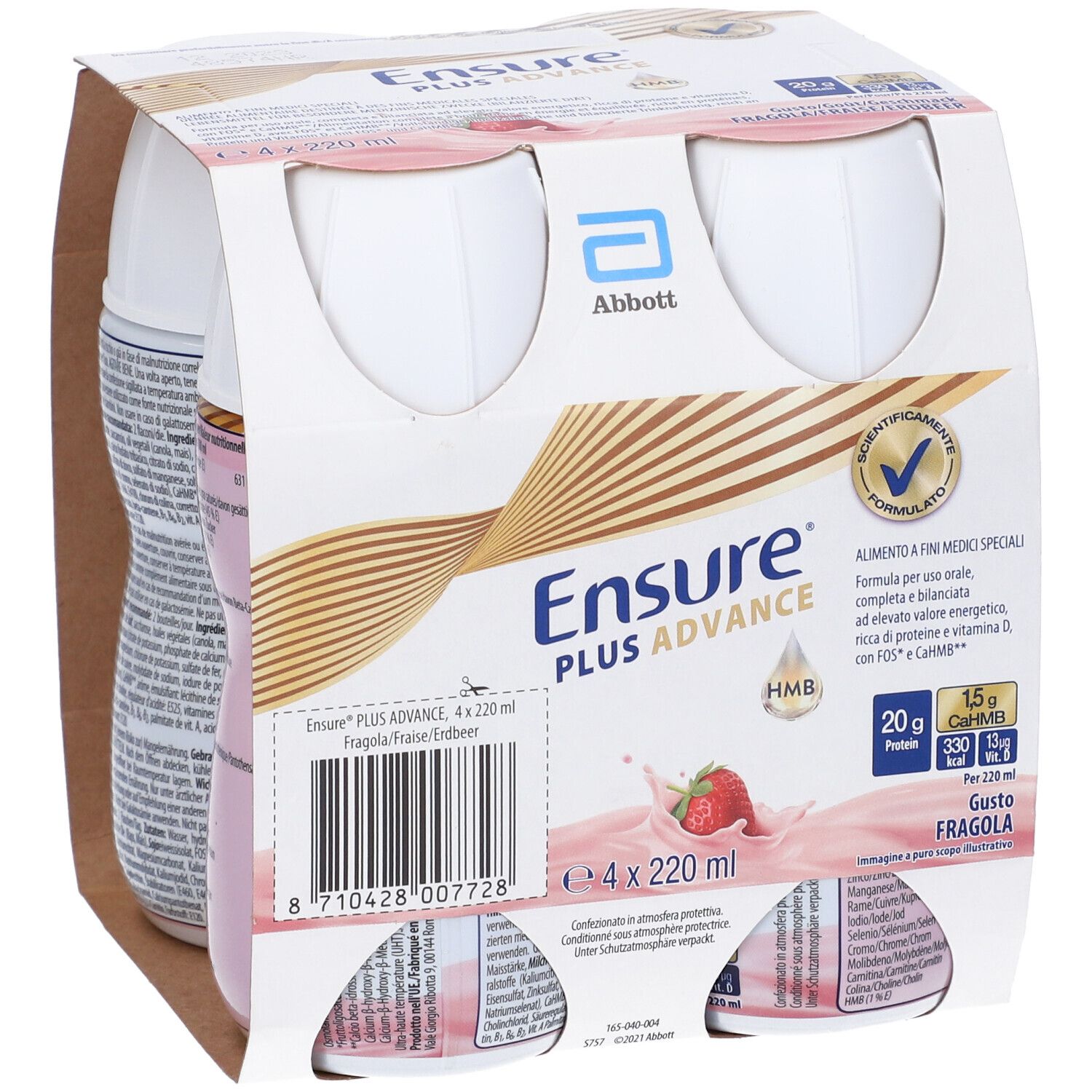 Confezione da quattro bottiglie Ensure Plus Advance Fragola. Logo Abbott, nome prodotto, fragola e informazioni nutrizionali visibili.