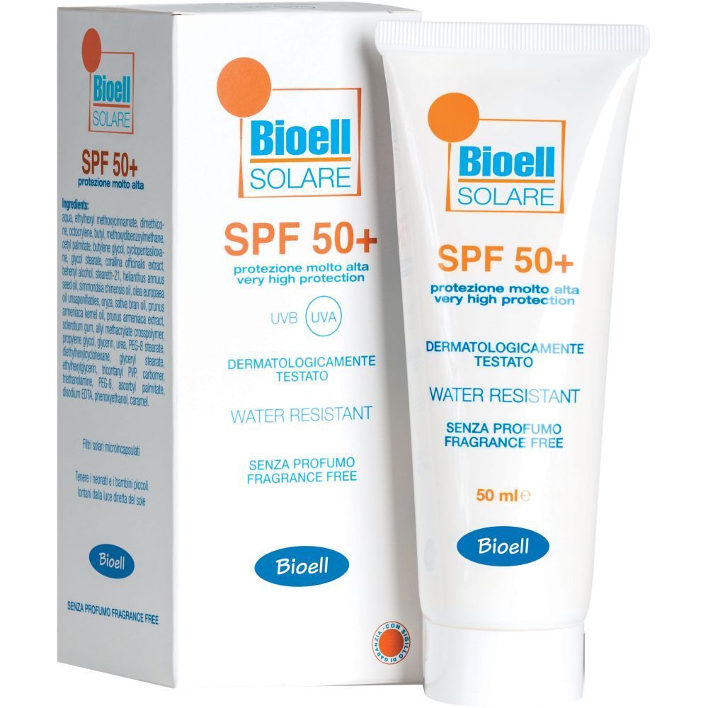 Tubo e scatola bianchi con 'Bioell Solare SPF 50+'. Testo: 'protezione molto alta', 'water resistant', 'senza profumo'. Contenuto: 50 ml.