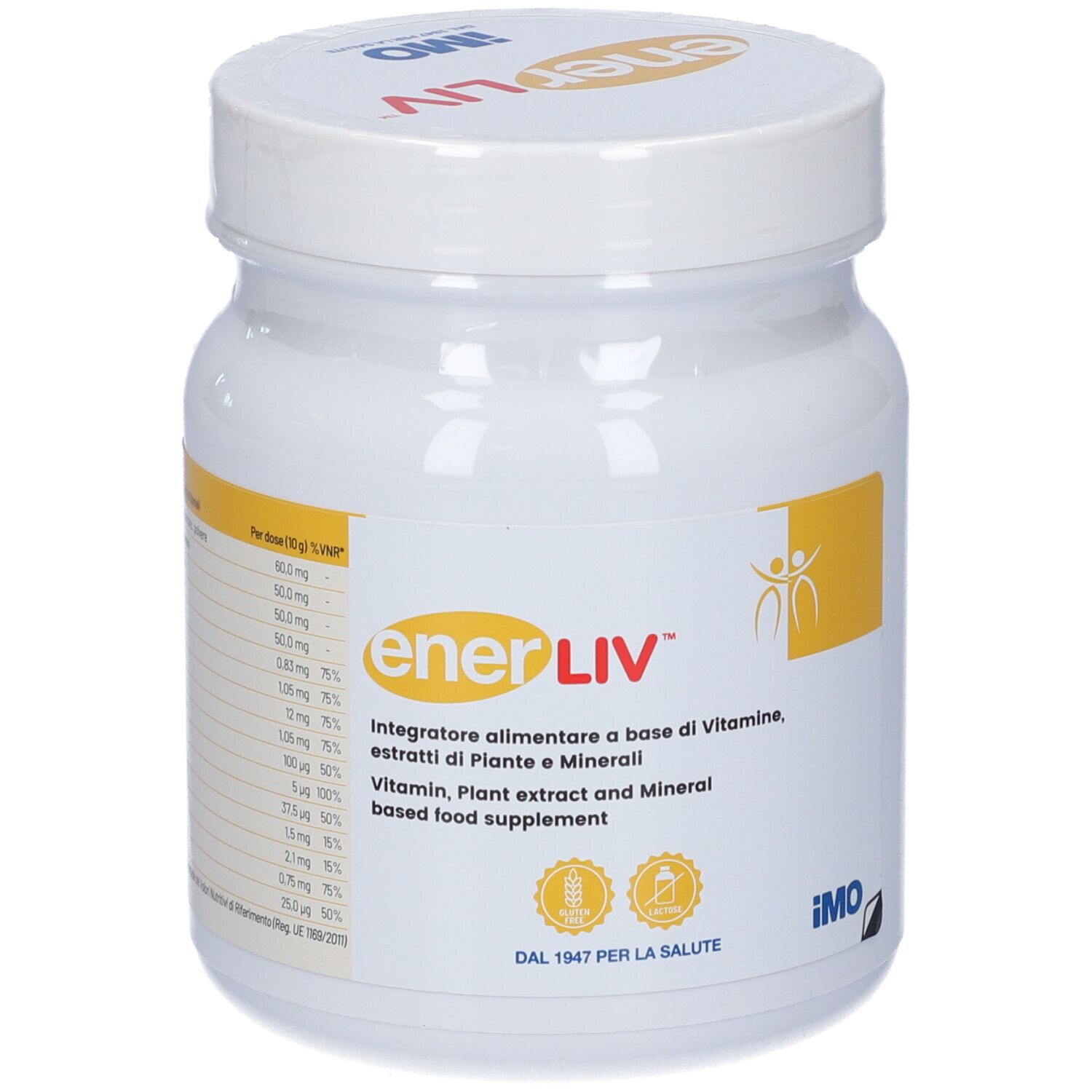 Weißer Enerliv-Behälter mit gelben Akzenten. Aufschrift: Enerliv, Integratore alimentare. IMO-Logo.