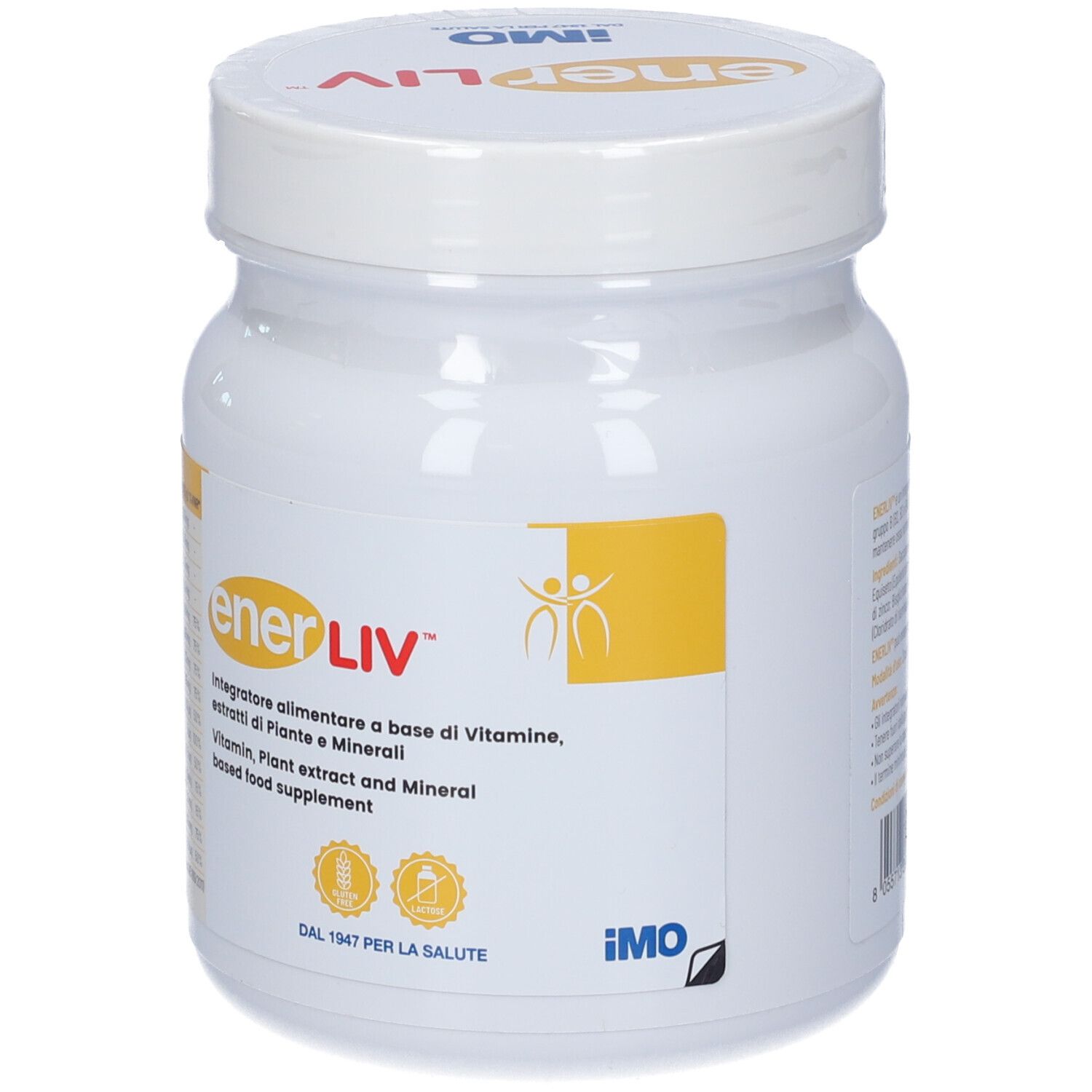 Weißer Enerliv-Behälter mit gelben und roten Akzenten. Aufschrift: Enerliv, Integratore alimentare. IMO-Logo.