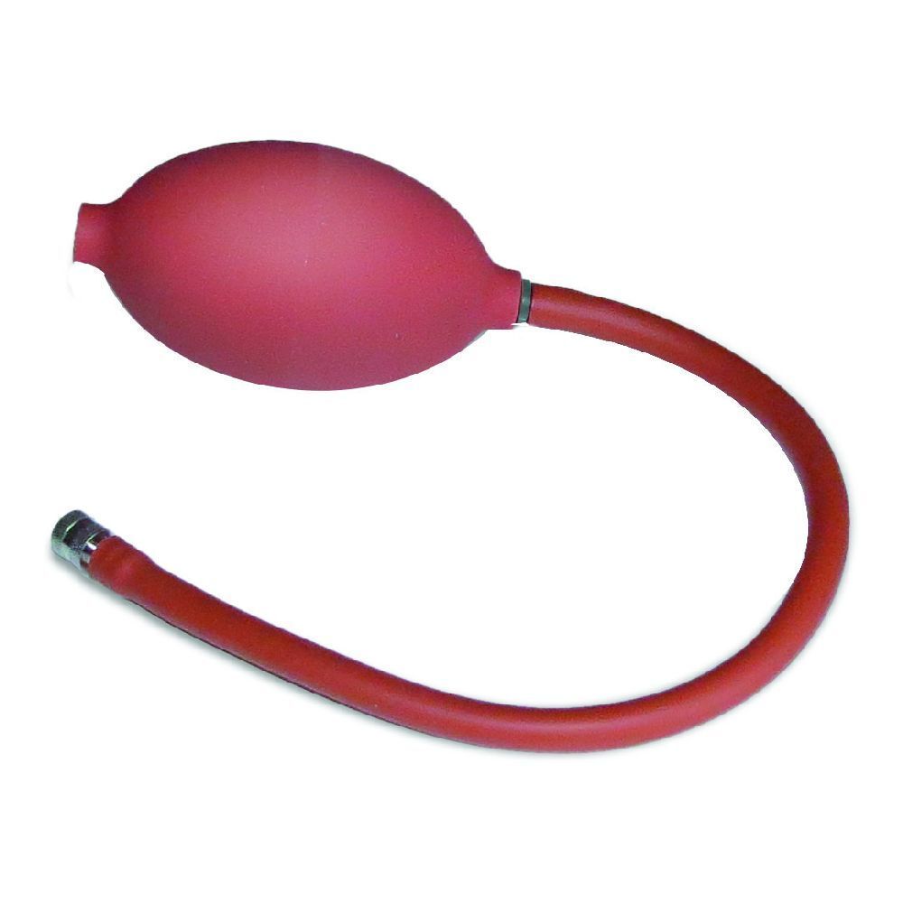 Pompa rossa ovale con tubo flessibile. Consistenza gommosa. Connessione metallica. Su sfondo bianco.