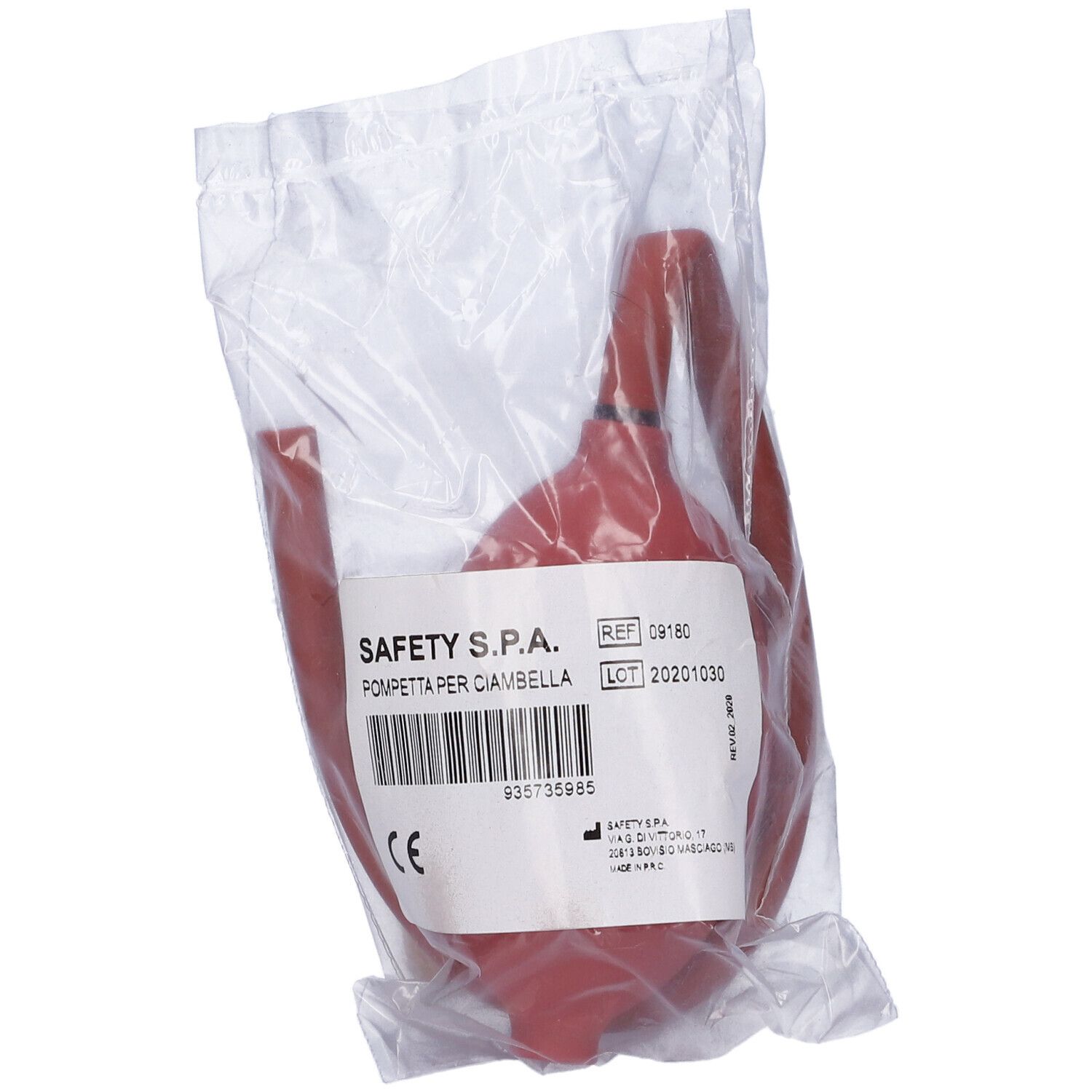 Pompa rossa con tubo in confezione di plastica. Etichetta con testo: SAFETY S.P.A. e riferimenti. Sfondo bianco.