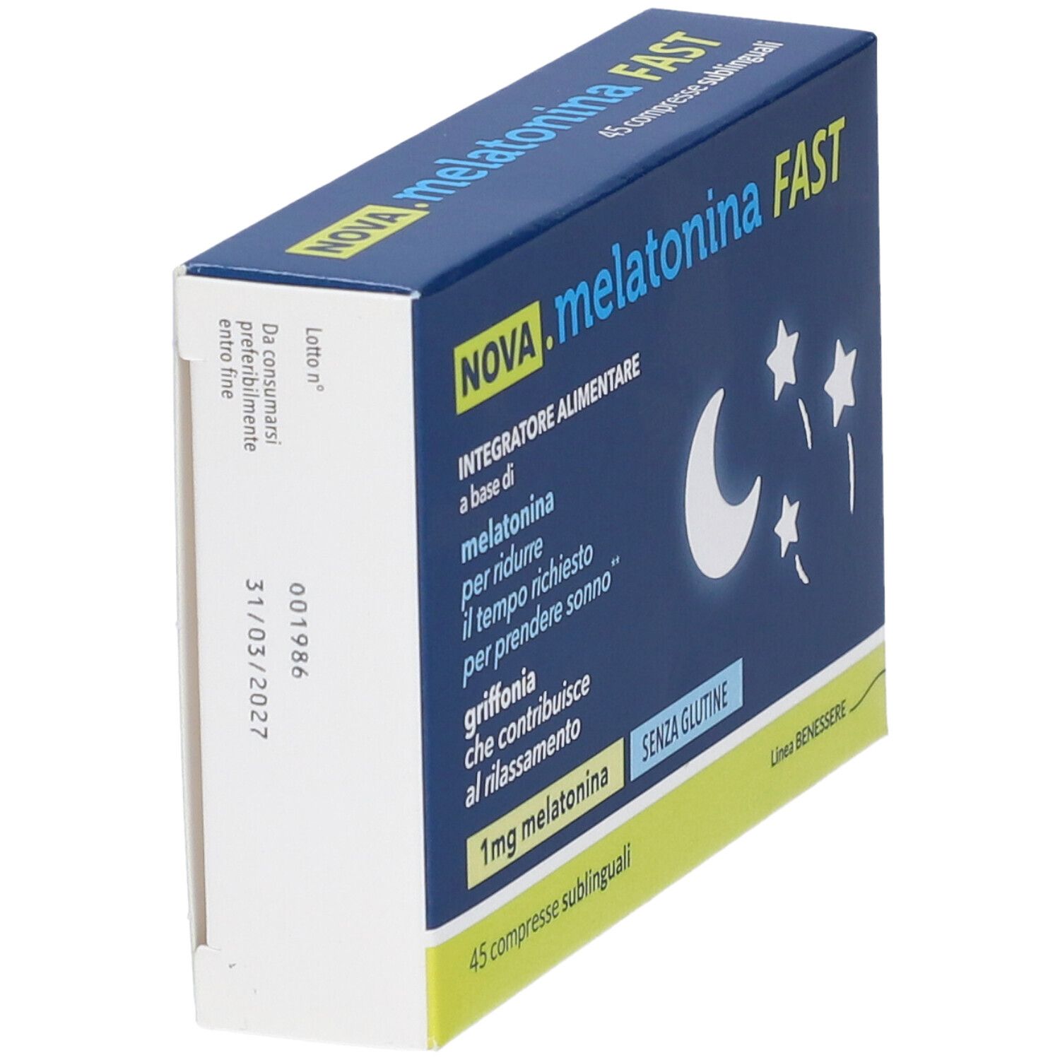 NOVA.melatonina FAST-Schachtel, schräg. Blaue Vorderseite mit Mond und Sternen. Weiße Seite mit Datum.