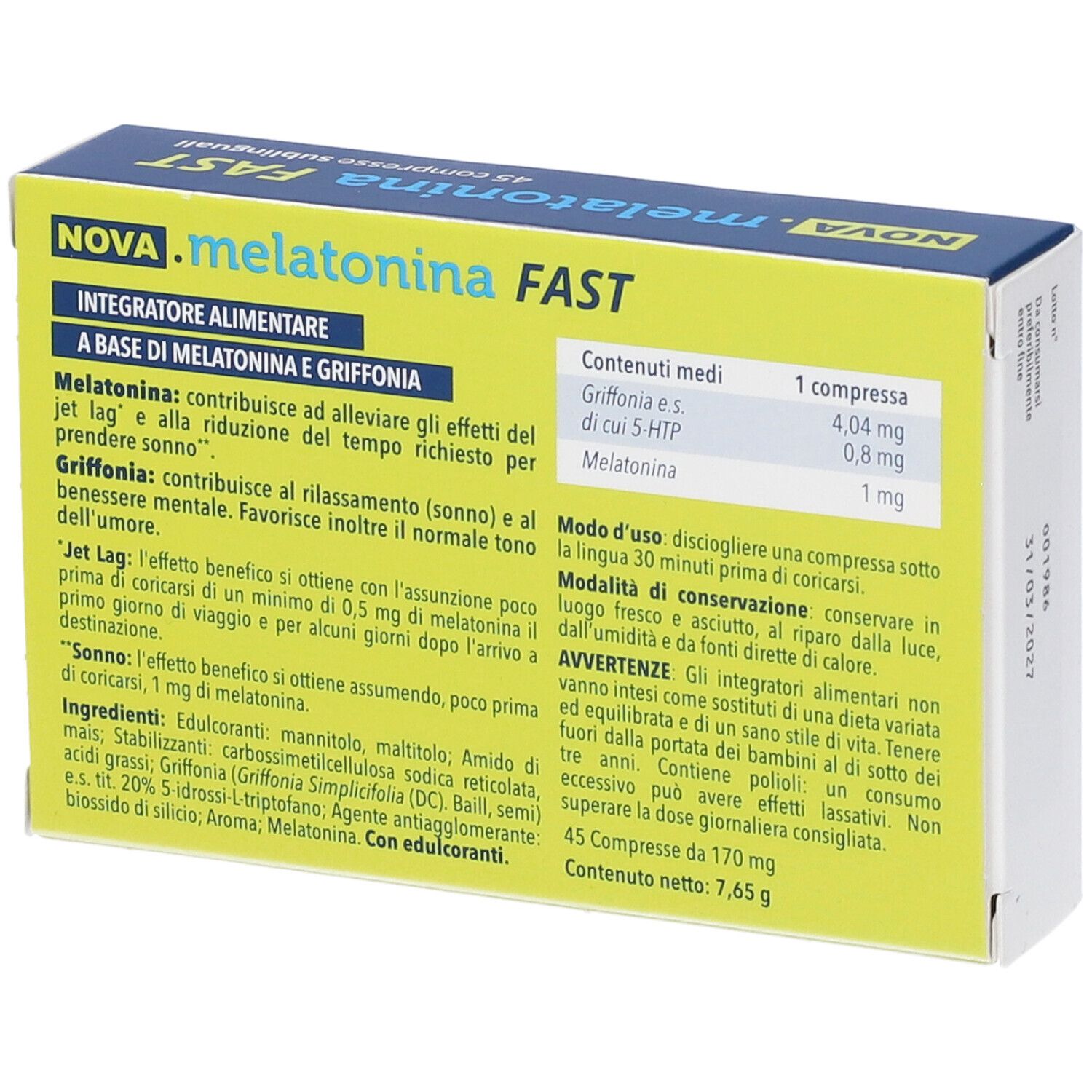 Rückseite der NOVA.melatonina FAST-Schachtel. Text mit Inhaltsstoffen und Anwendungshinweisen. Gelber Hintergrund.