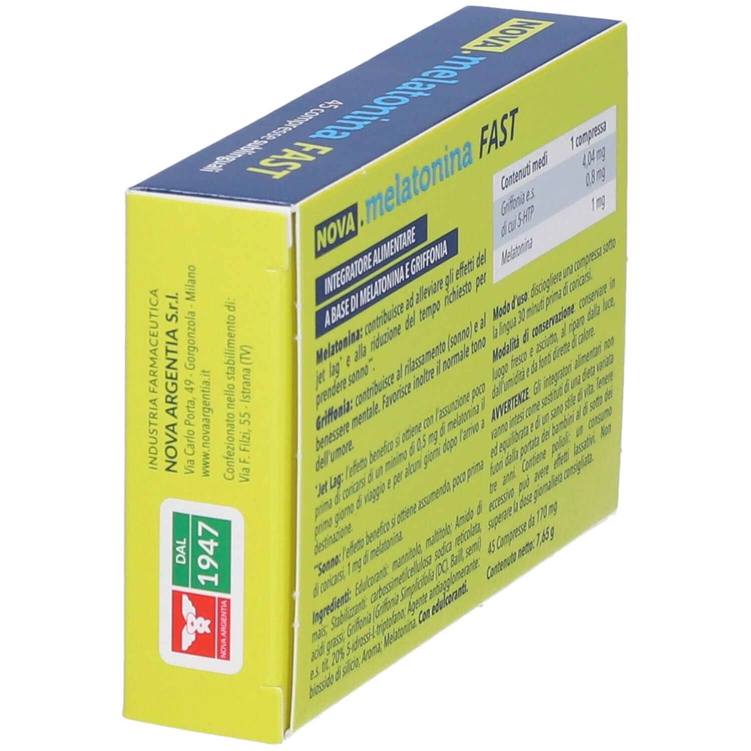 NOVA.melatonina FAST-Schachtel, schräg. Rückseite mit Text und Logo. Gelber Hintergrund.