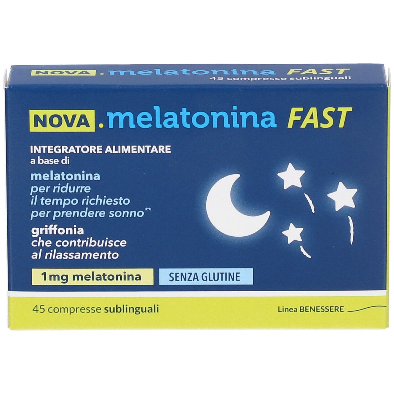 NOVA.melatonina FAST-Schachtel. Blaue Vorderseite mit Mond, Sternen und Produktinformationen.