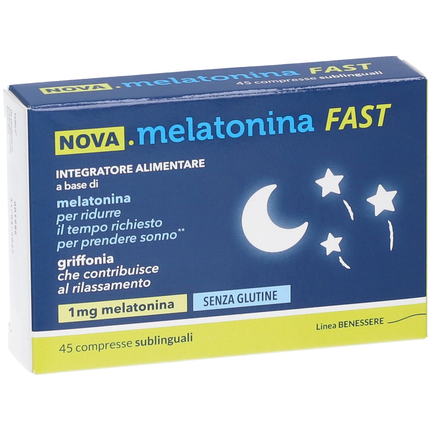 NOVA.melatonina FAST-Schachtel. Blaue Vorderseite mit Mond, Sternen und Produktinformationen.