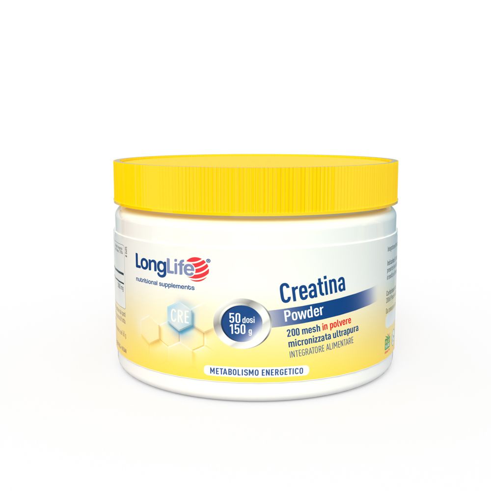 Contenitore cilindrico bianco con coperchio giallo. Scritta: LongLife, Creatina Powder. 50 dosi, 150 g.