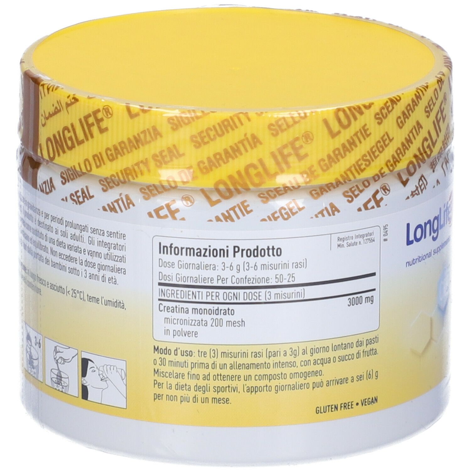 Contenitore bianco con coperchio giallo e sigillo. Scritta: LongLife, Creatina Powder. Testo con informazioni.