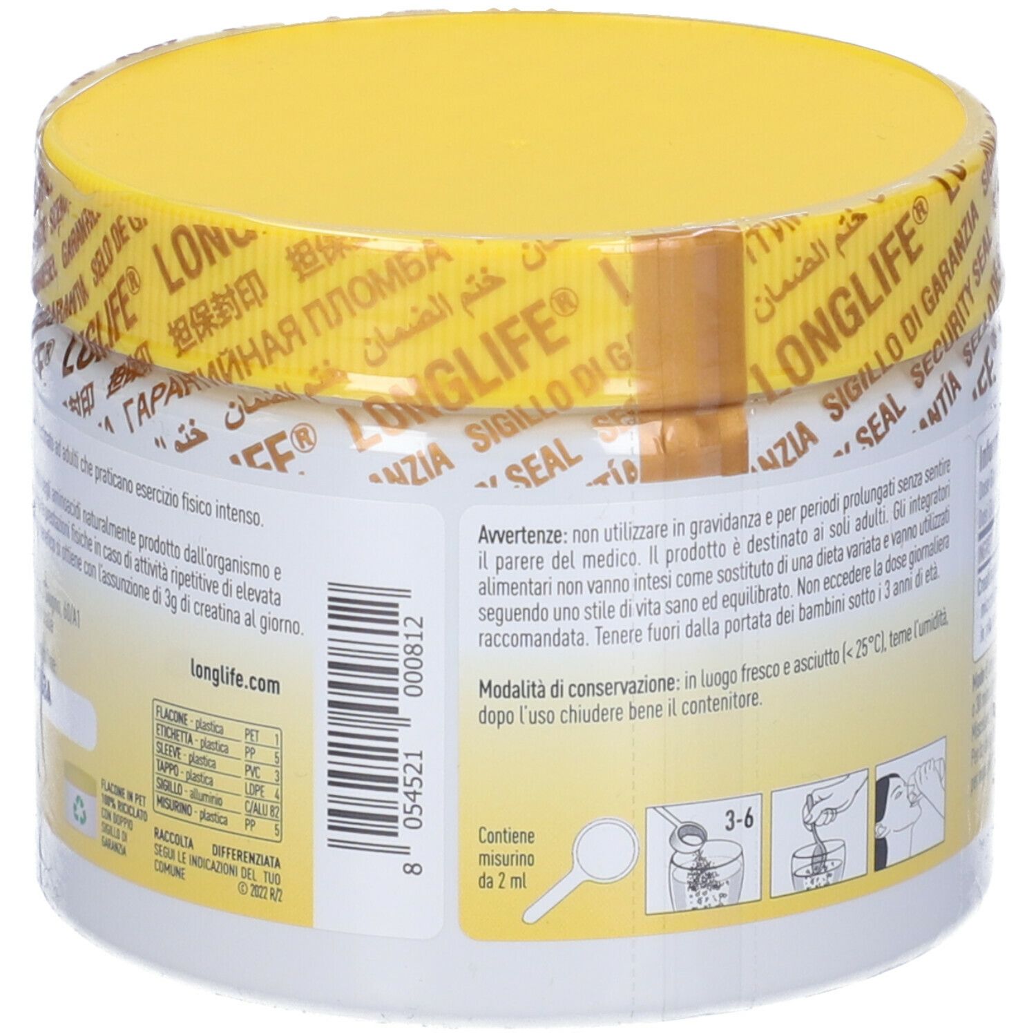 Contenitore bianco con coperchio giallo e sigillo. Scritta: LongLife, Creatina Powder. Testo con informazioni.