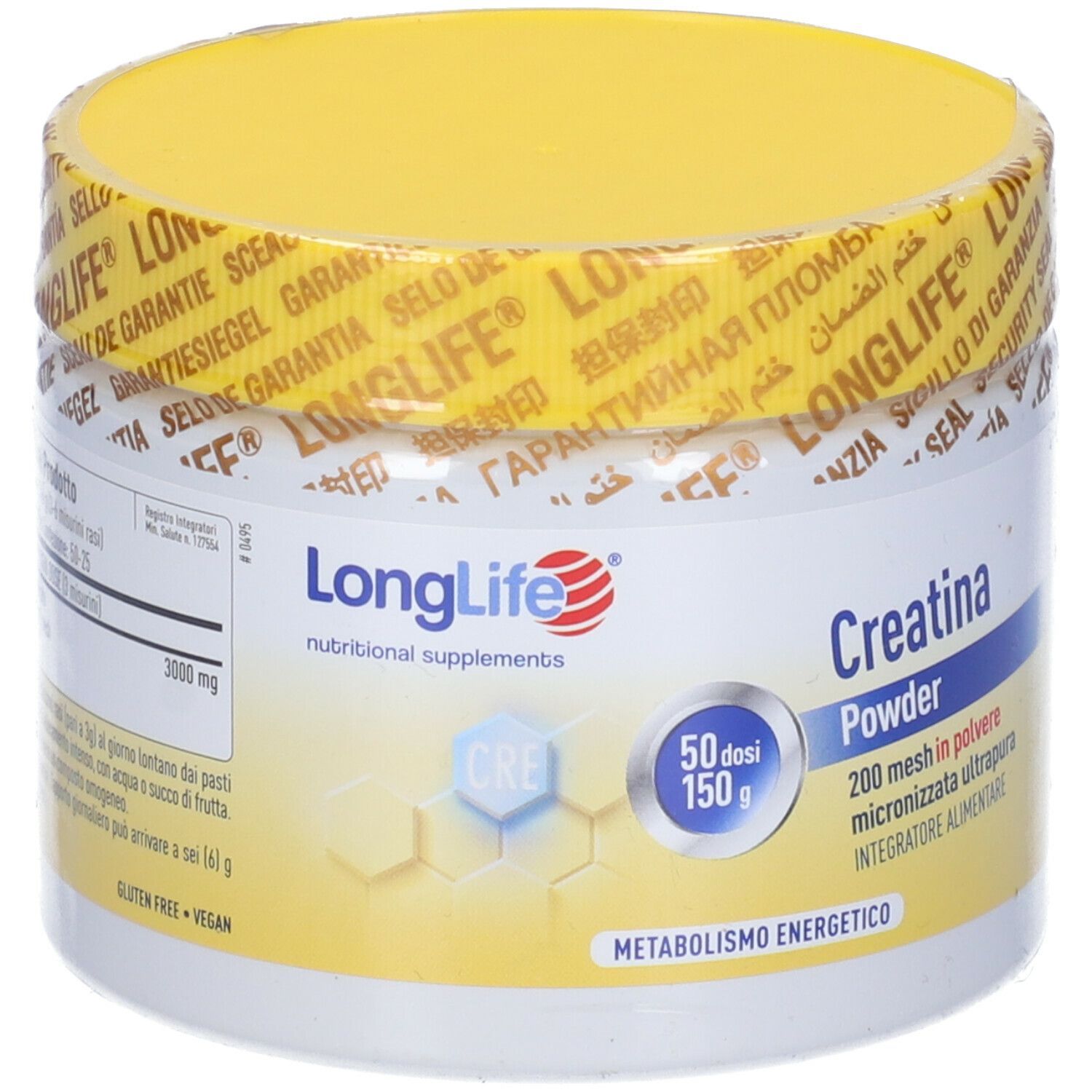 Contenitore bianco con coperchio giallo e sigillo. Scritta: LongLife, Creatina Powder. 50 dosi, 150 g.