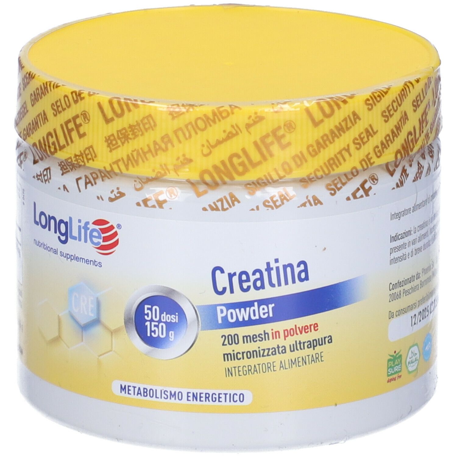 Contenitore bianco con coperchio giallo e sigillo. Scritta: LongLife, Creatina Powder. 50 dosi, 150 g.