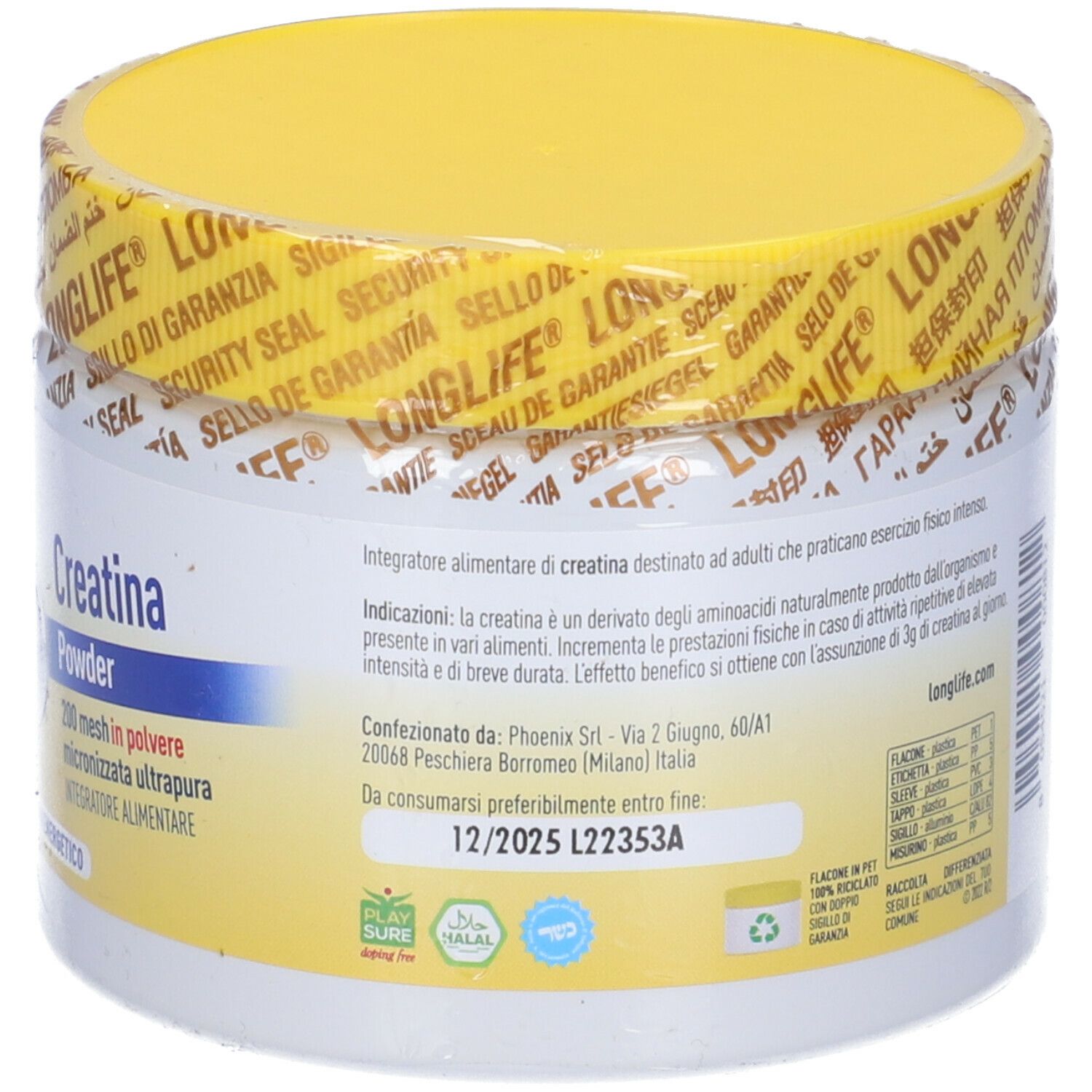 Contenitore bianco con coperchio giallo e sigillo. Scritta: LongLife, Creatina Powder. Testo con informazioni.