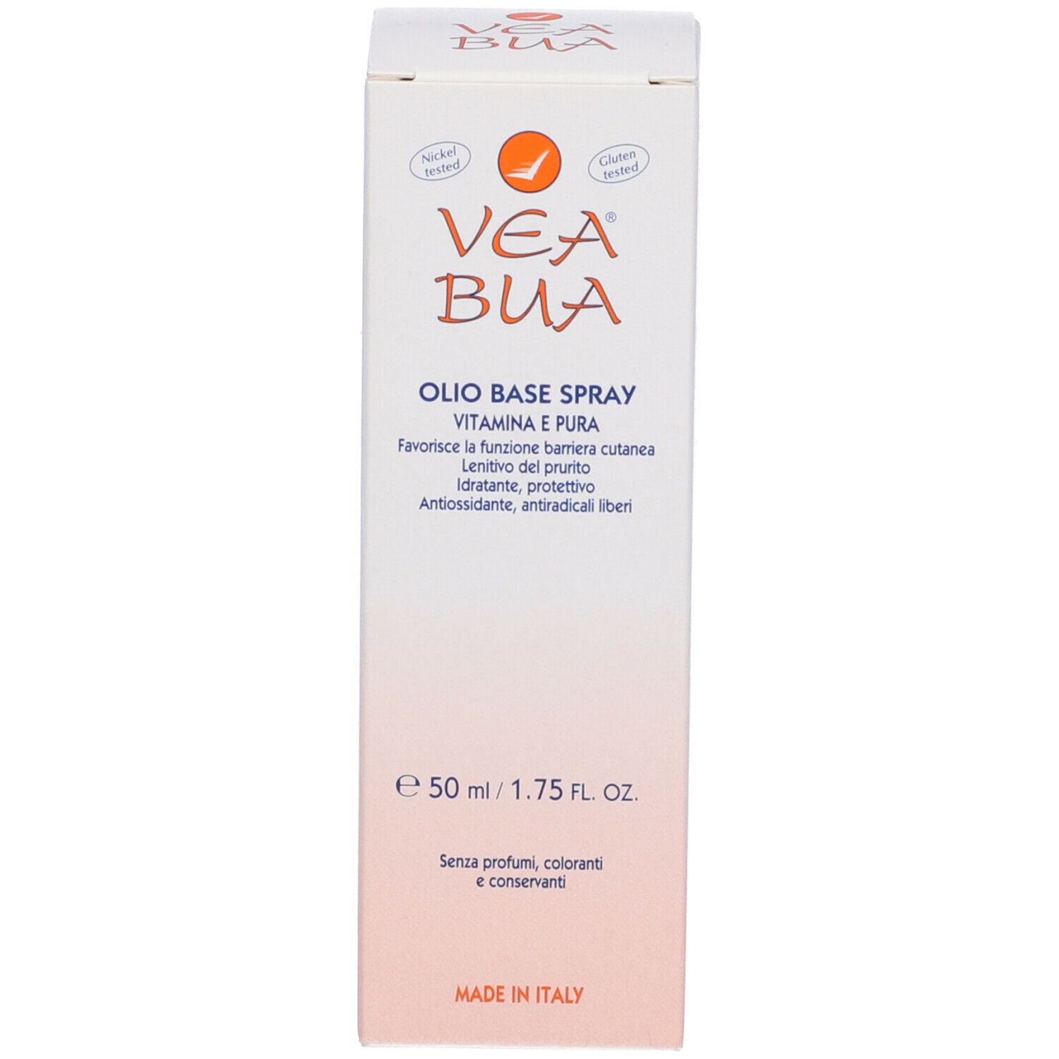 Scatola bianca con scritta: VEA BU, Olio Base Spray, Vitamin E pura. Made in Italy.