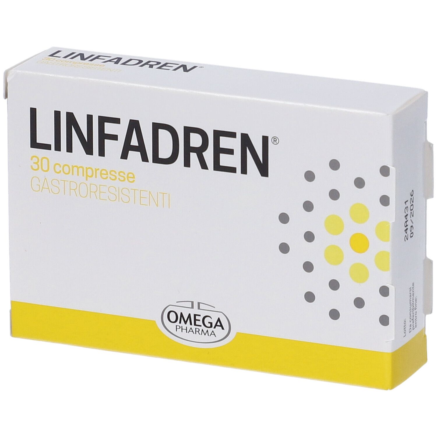 Scatola di compresse "Linfadren". 30 compresse gastroresistenti. Marchio Omega Pharma.
