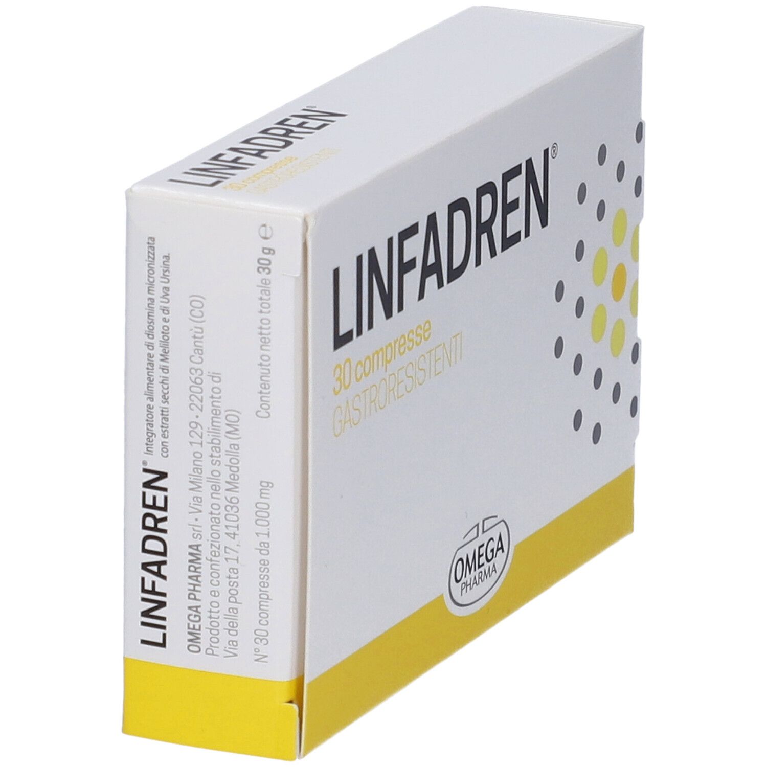 Scatola di compresse "Linfadren", angolata. 30 compresse gastroresistenti. Marchio Omega Pharma.