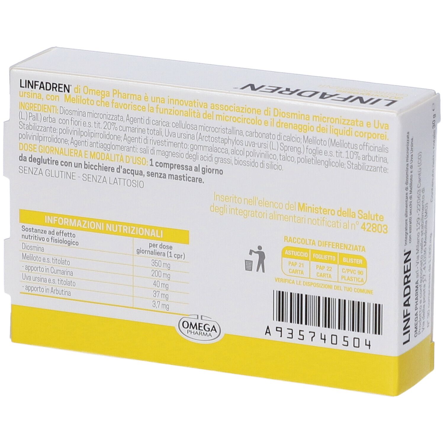 Retro della scatola di compresse "Linfadren". Ingredienti, informazioni nutrizionali, Omega Pharma.