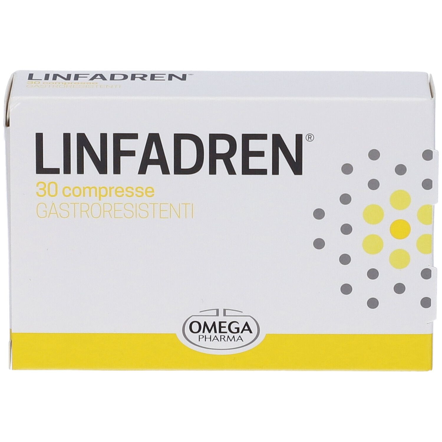 Scatola di compresse "Linfadren". 30 compresse gastroresistenti. Marchio Omega Pharma.